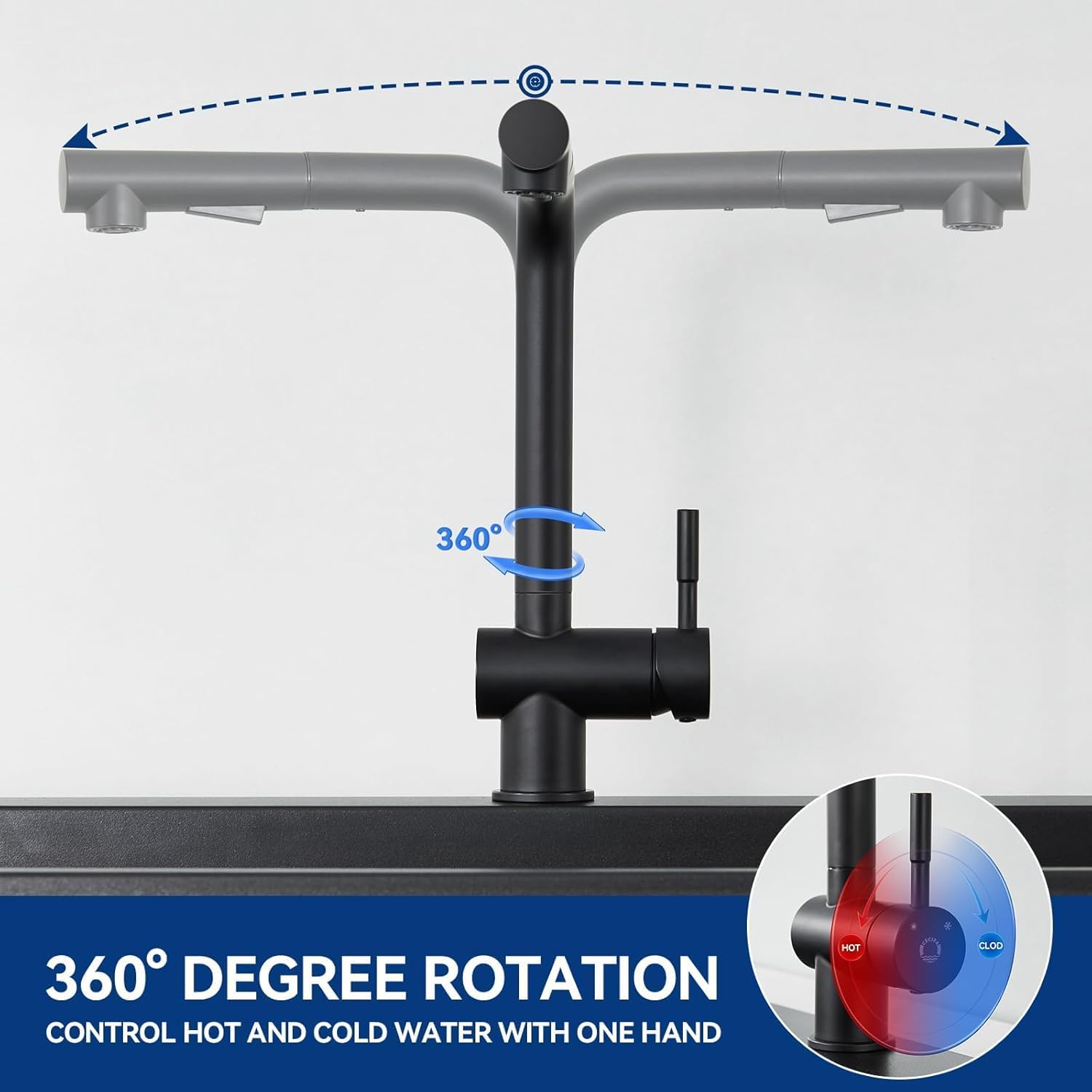 Thumbnail 4 de CECIPA Rubinetto cucina nero con doccetta estraibile e 2 getti, girevole 360° (acciaio inox)