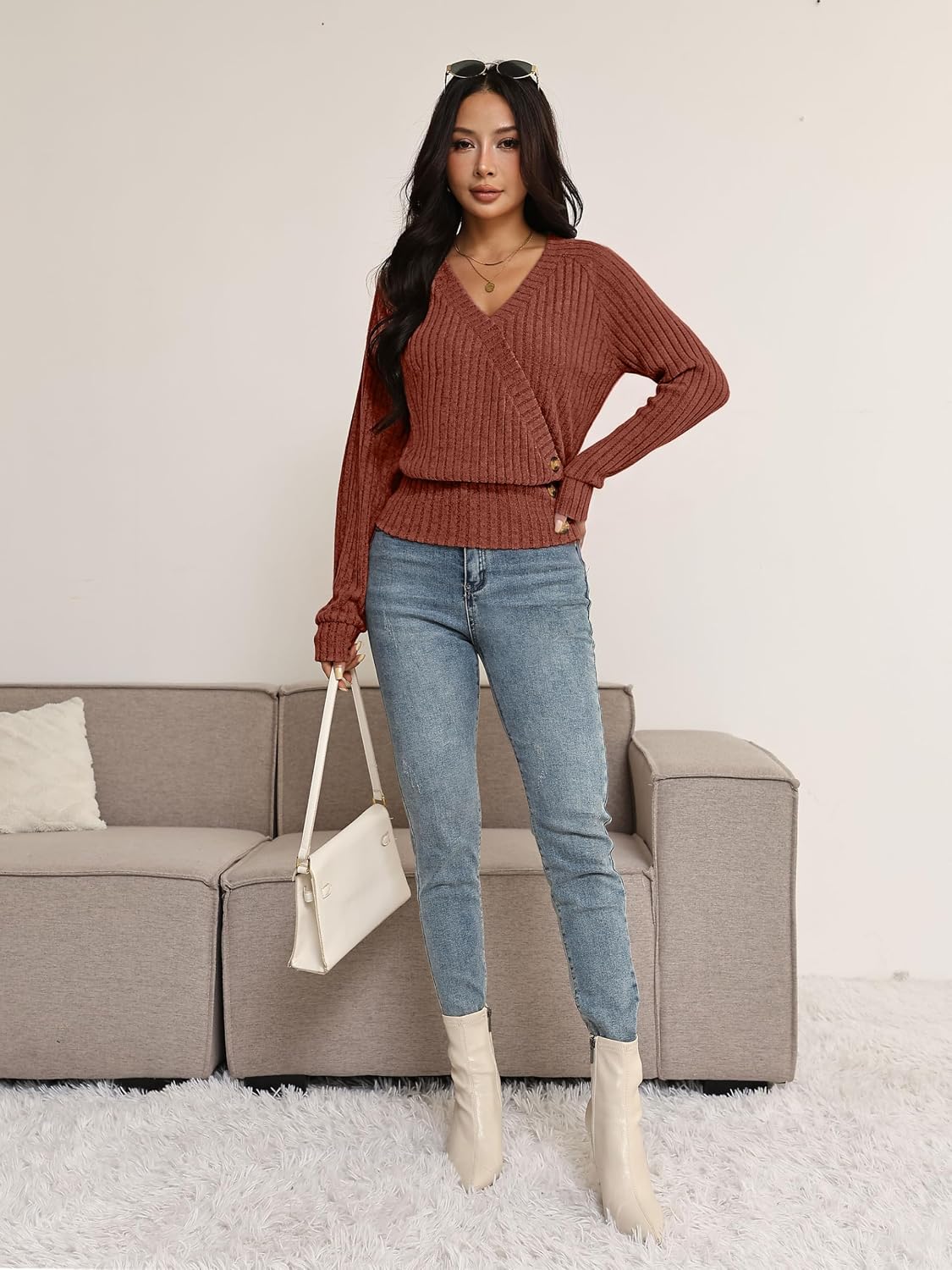 Detalle de OFEEFAN Women's Long-Sleeve Wrap Top, Ribbed Knit