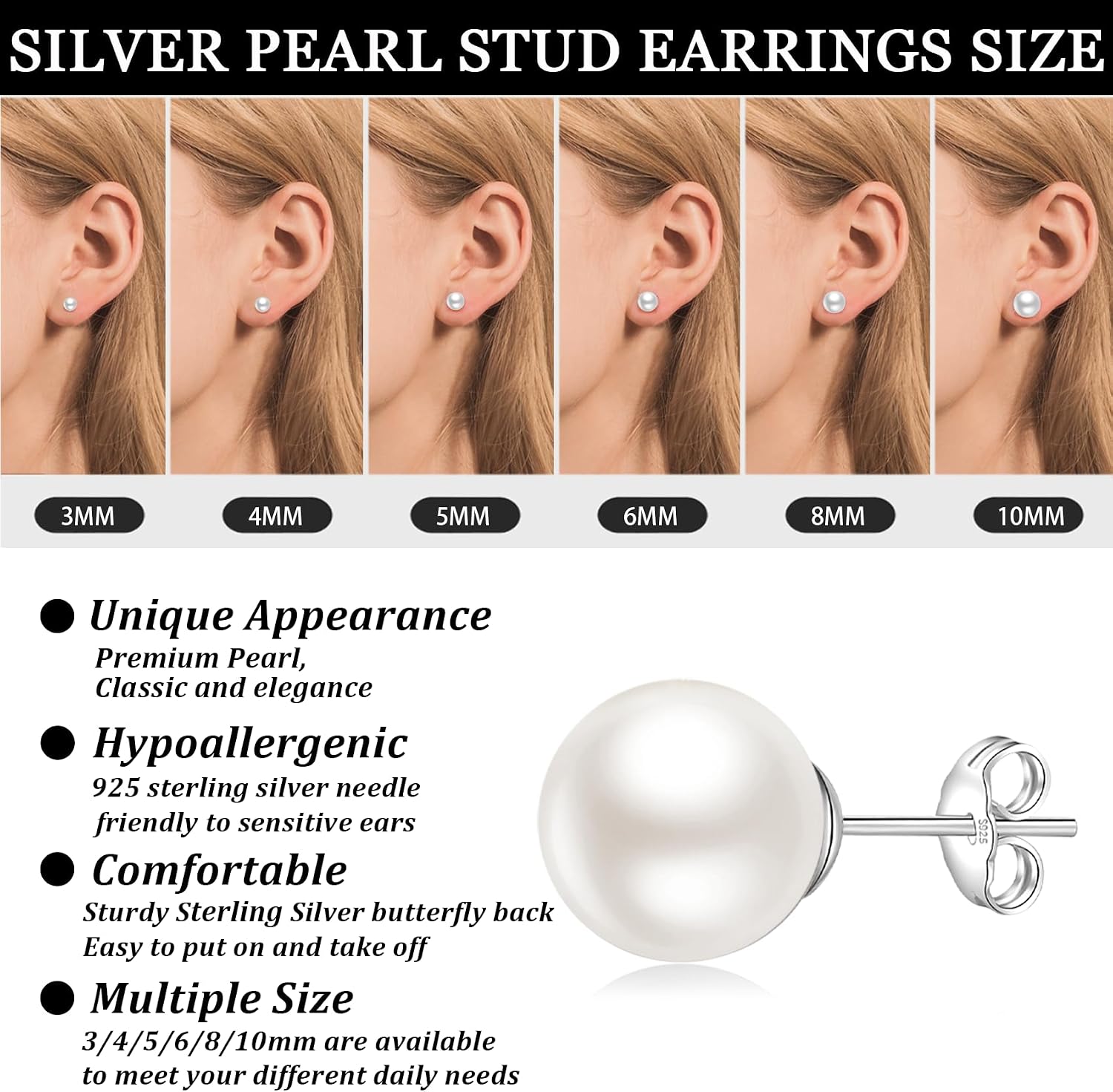 Detalle de Senteria 6 Pairs Pearl Stud Earrings for Women – Hypoallergenic 3/4/5/6/8/10mm Sterling Silver
