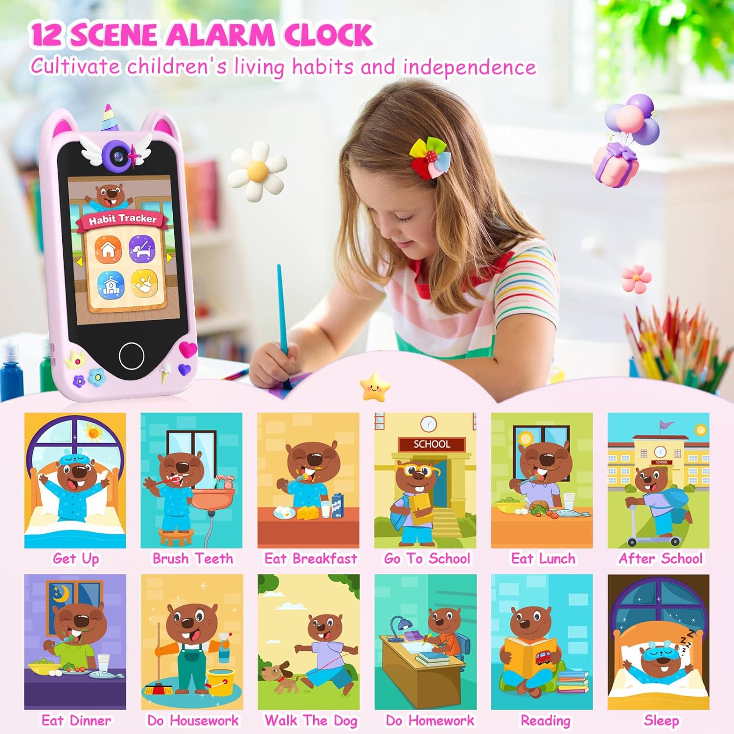 Thumbnail 2 de Yosfeng Kids Smart Phone for Girls (Ages 3-6) Toy Cell Phone with Touchscreen, Dual Cameras, 32 GB Card