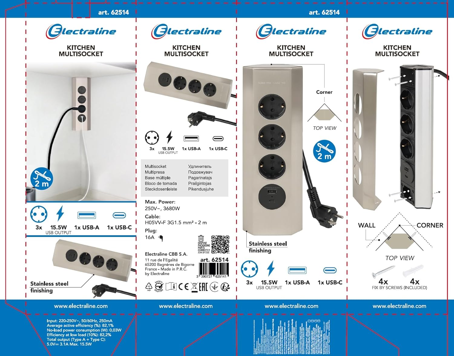 Thumbnail 5 de Electraline 62514 Regleta Angular cocina 3 Schuko 2 USB