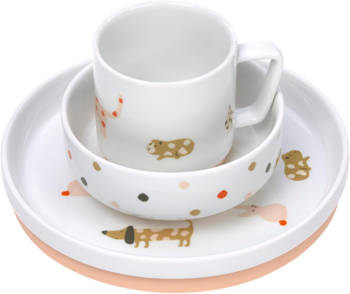 Detalle de LÄSSIG Porzellan Kindergeschirrset Little Mateys spicy orange – Teller, Schüssel und Tasse mit rutschfestem Silikonring