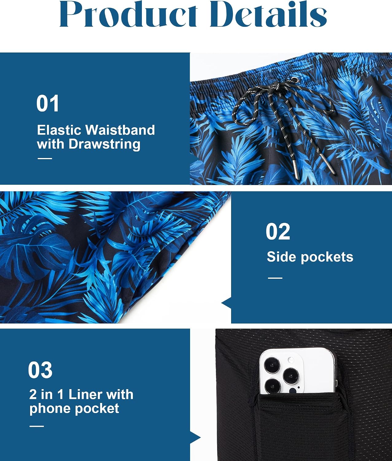 Detalle de Gleeease 7-Inch Men's Swim Trunks 2-in-1 with Compression Liner, Pockets, and Quick-Dry Stretch Fabric