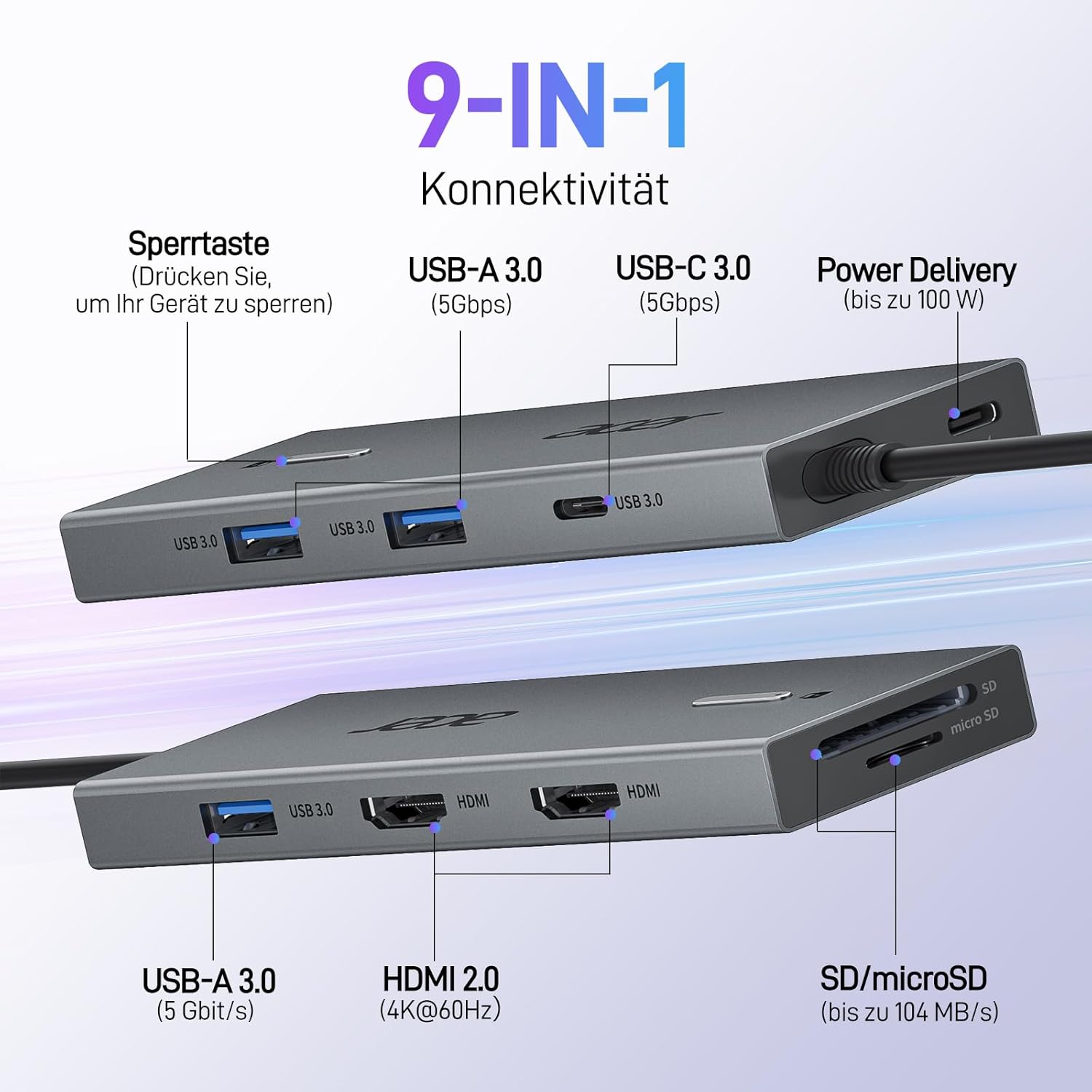 Detalle 2 de Acer USB-C Docking Station 9-in-1: Dual HDMI, PD 100W, SD/TF Kartenleser