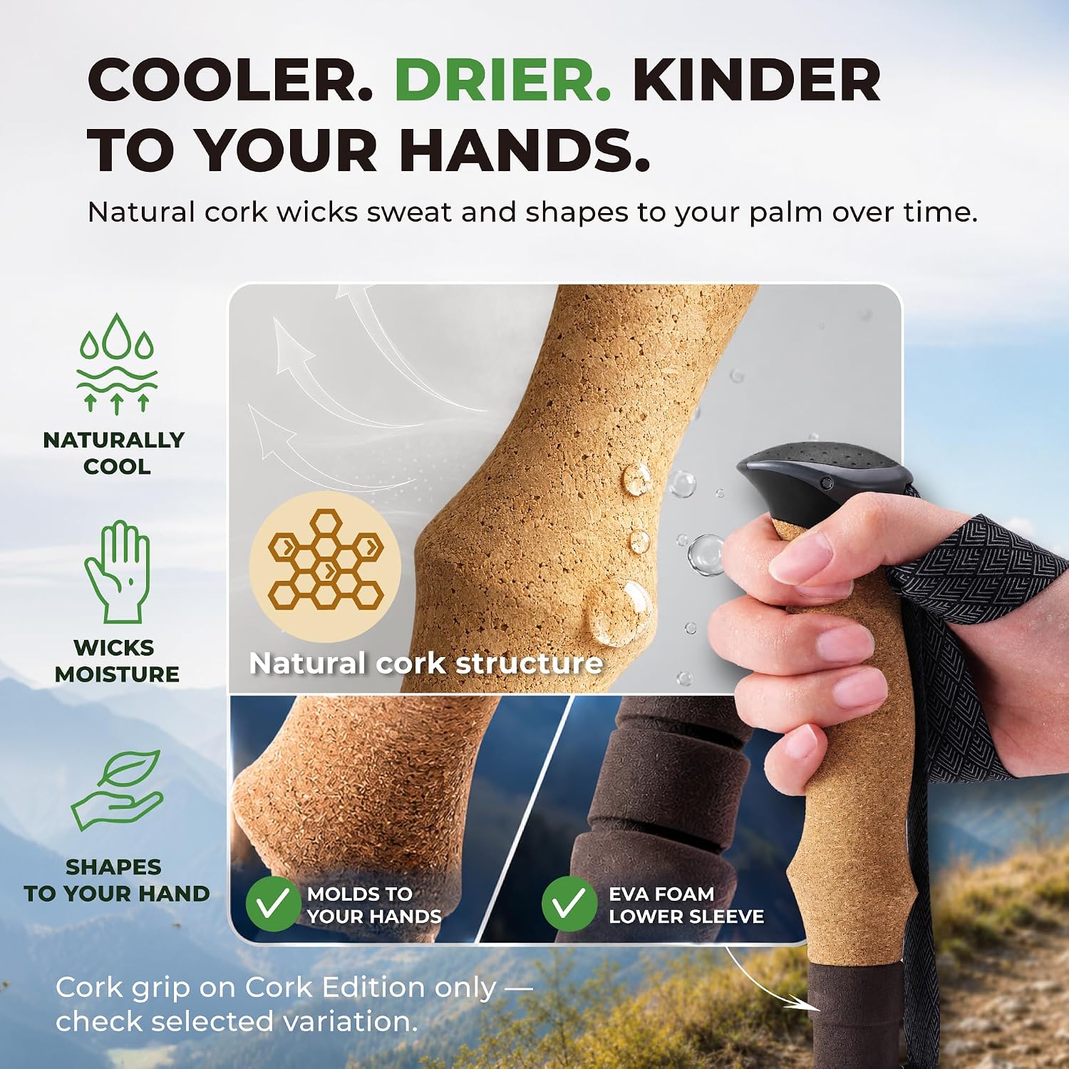 Detalle de TREKOLOGY Trek-Z Folding Trekking Poles, Adjustable Aluminum, Cork Green