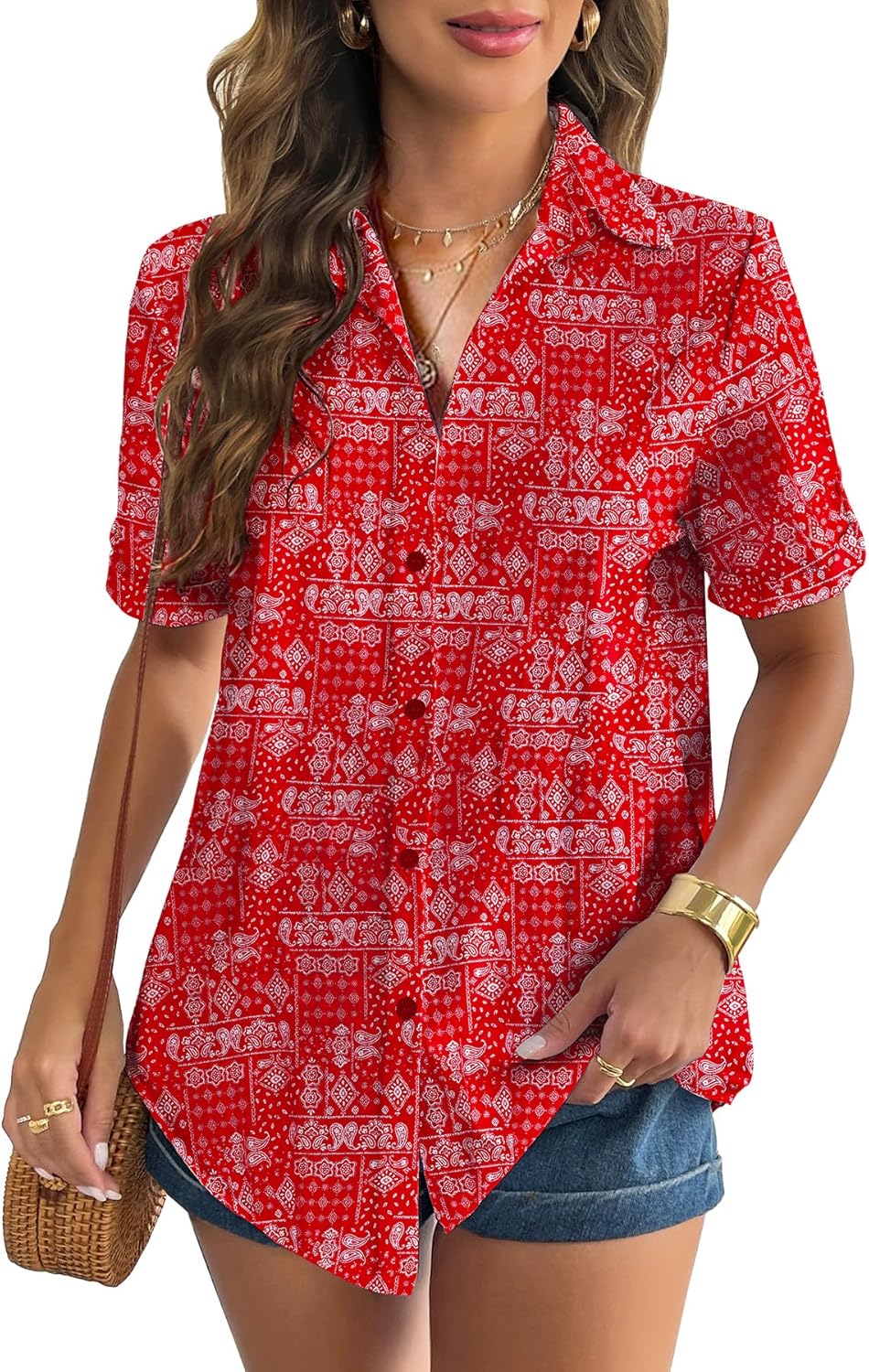 Thumbnail 6 de Zeagoo Women’s Cotton-Linen Button-Down Shirt, Rolled Cuff Short Sleeve V-Neck Blouse
