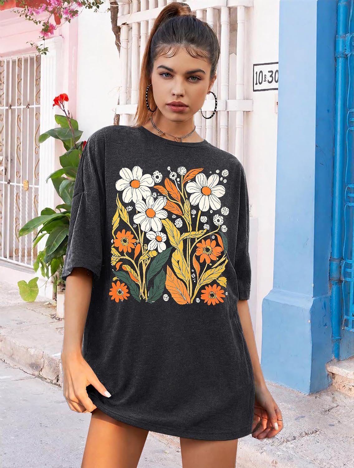 Detalle 2 de UNIQUEONE Oversized Floral Graphic T-Shirt for Women, Cotton Blend