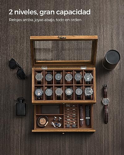 Detalle de SONGMICS Caja de Relojes con 12 Ranuras JOW012K01 – Estuche de Madera de Dos Niveles con Tapa de Cristal