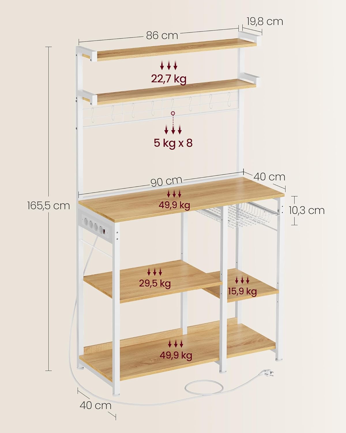 Thumbnail 2 de VASAGLE KKS031Y19 scaffale cucina 40x90x165,5 cm