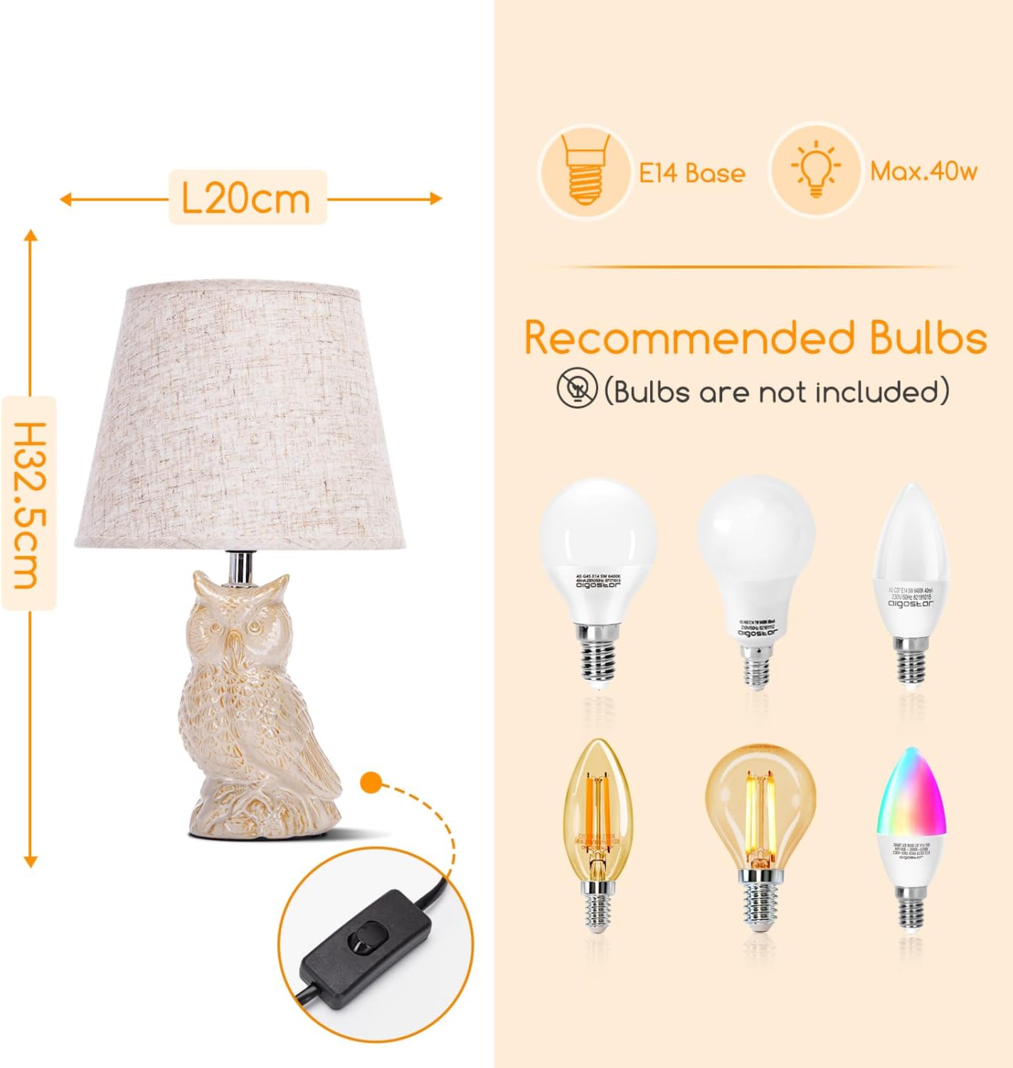 Thumbnail 2 de Aigostar Lampe de table en céramique avec abat-jour tissu (douille E14, max. 40 W) – 32,5 cm