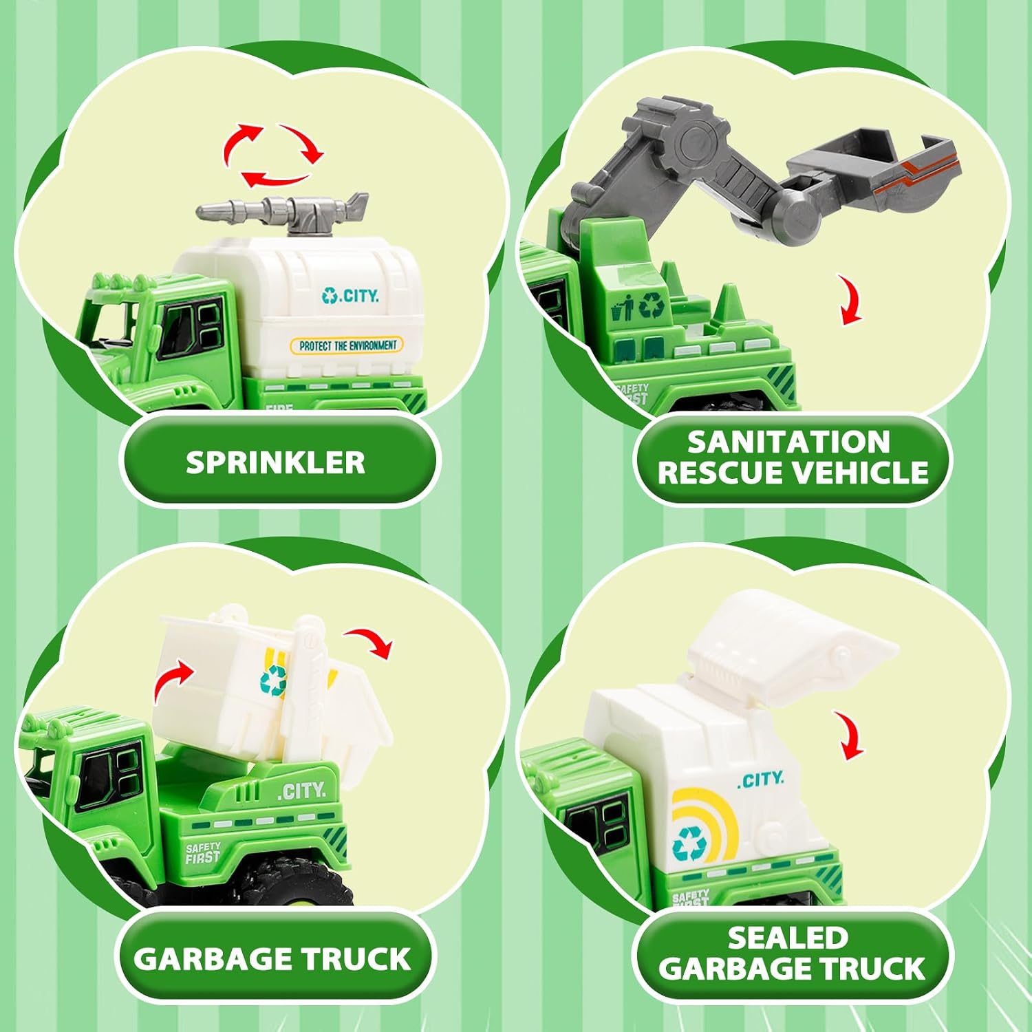 Thumbnail 2 de YGNNXRN 4er Set Müllwagen Spielzeug ab 2+ Jahre – Push & Go Fahrzeuge (Müllauto, Reinigungswagen, Recycling-LKW & Wasserwagen)