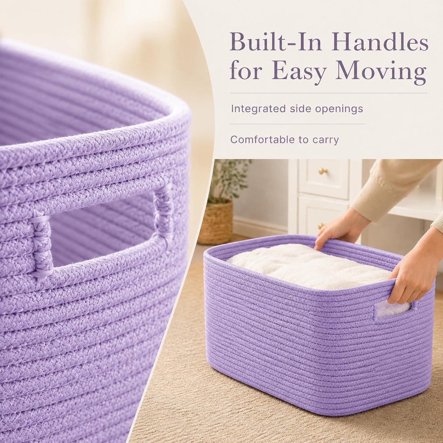Detalle de ordnestidy 12.8GAL-Lavender Cotton Rope Storage Basket, Lavender