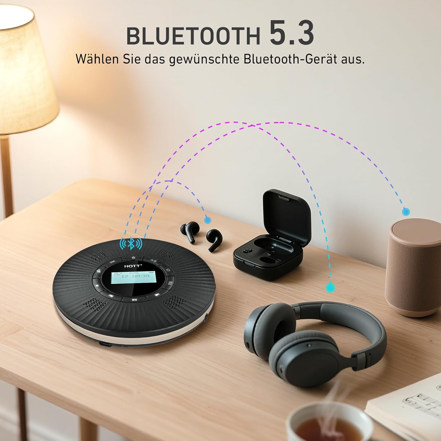 Thumbnail 2 de HOTT tragbarer Bluetooth-CD-Player mit 4 Lautsprechern, FM-Transmitter, Anti-Skip und 1800-mAh-Akku – Schwarz