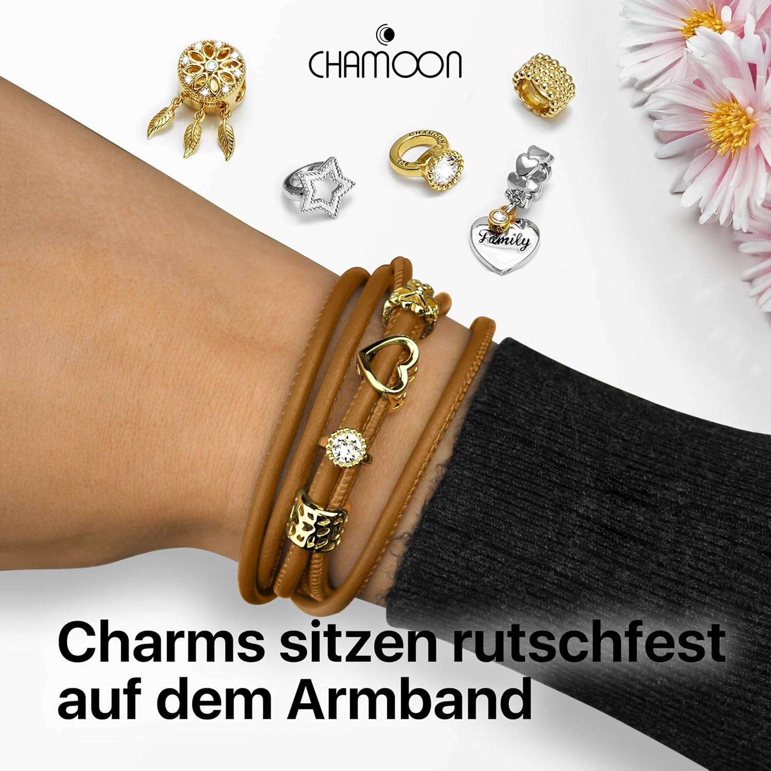 Detalle de CHAMOON® Premium Lederarmband für Damen (Nappaleder) mit Magnetverschluss & über 80 Charms