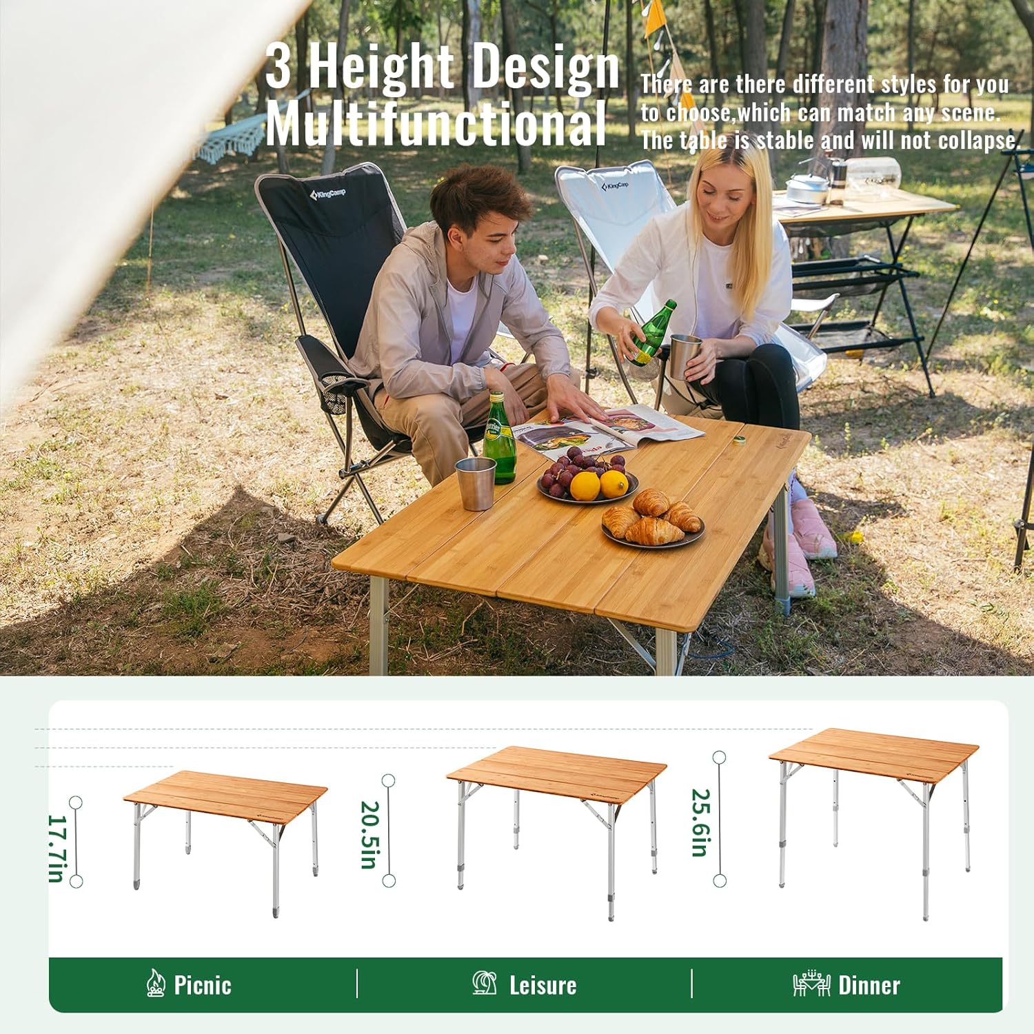 Detalle 2 de KingCamp KC2006_YELLOW Bamboo Folding Camping Table, 4-Fold, 3 Heights