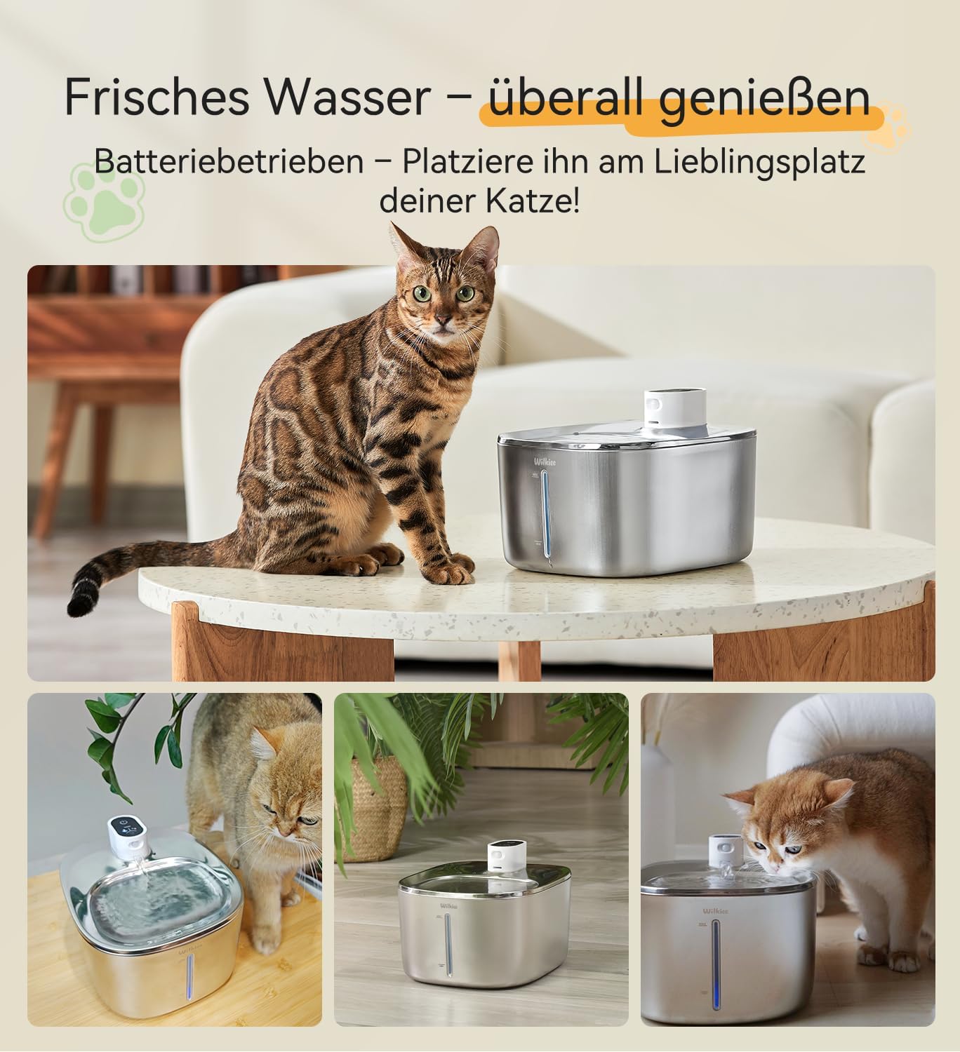 Detalle 2 de WILKIEE Katzenbrunnen Edelstahl 4,1 L Akku