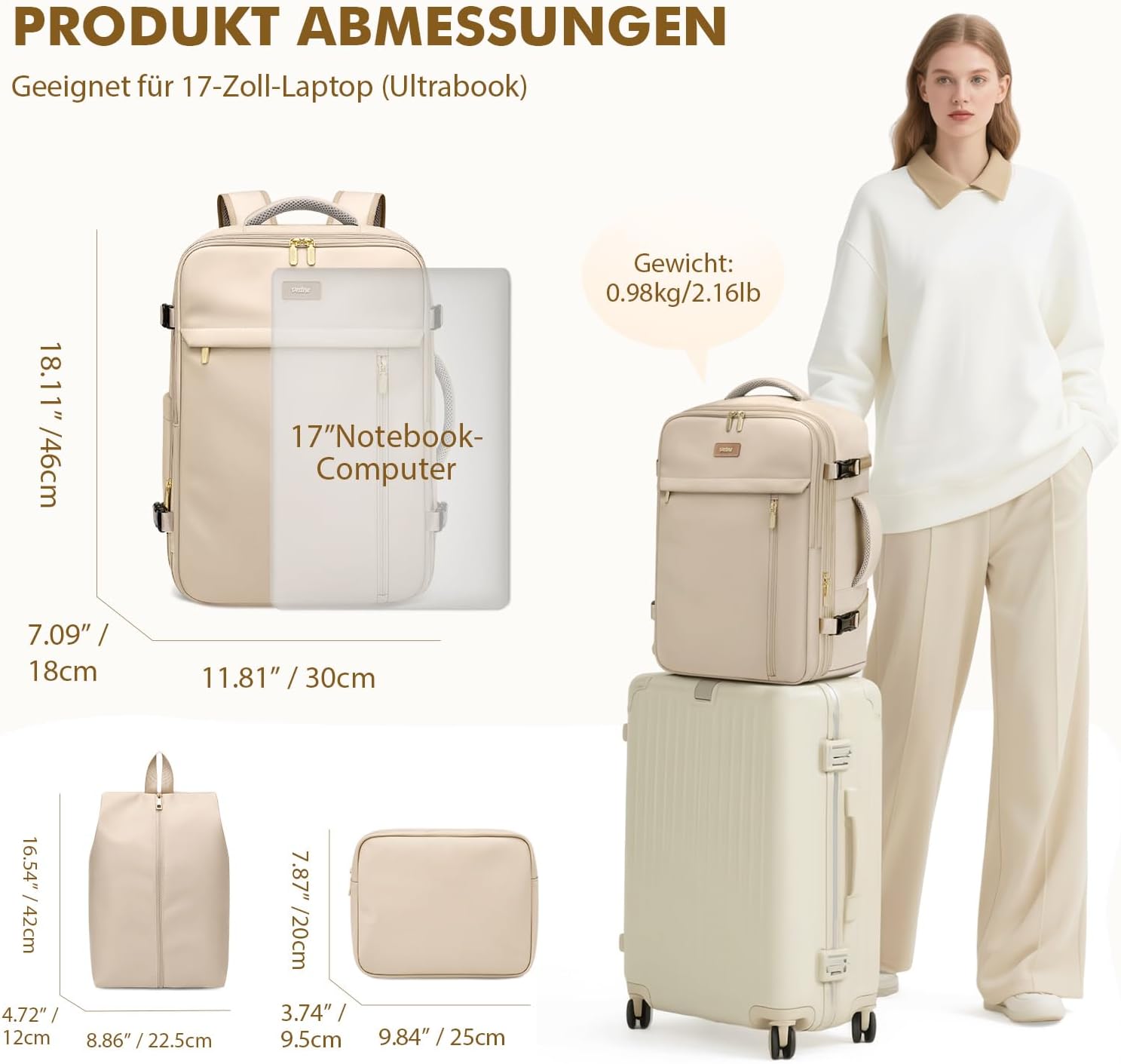Thumbnail 1 de VNINE 40L Reiserucksack – Großer Handgepäck Rucksack mit Wasserabweisendem Nassfach, erweiterbar auf 39L