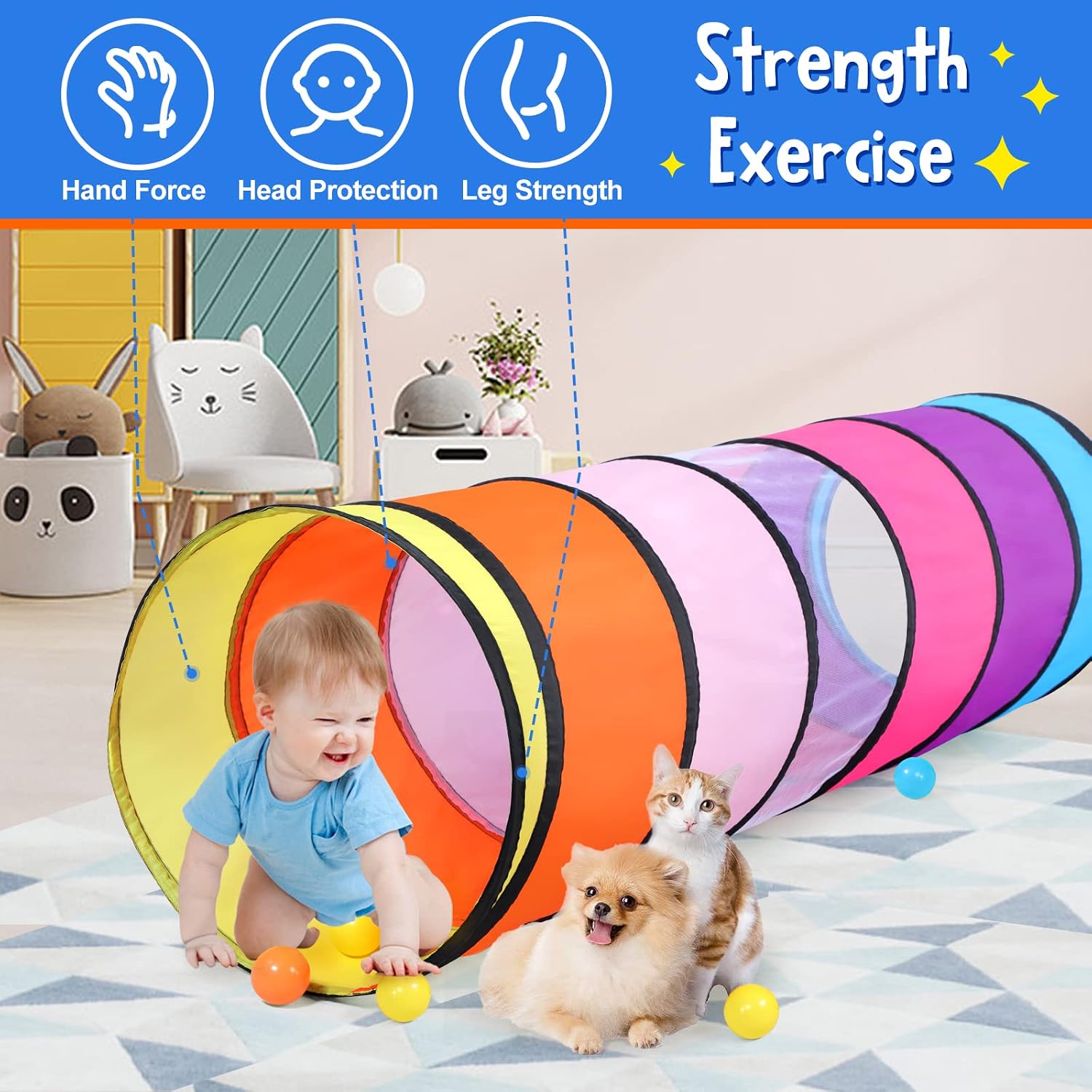 Thumbnail 2 de SweHouse Colourful Pop-Up Play Tunnel for Kids, 175 cm, Collapsible