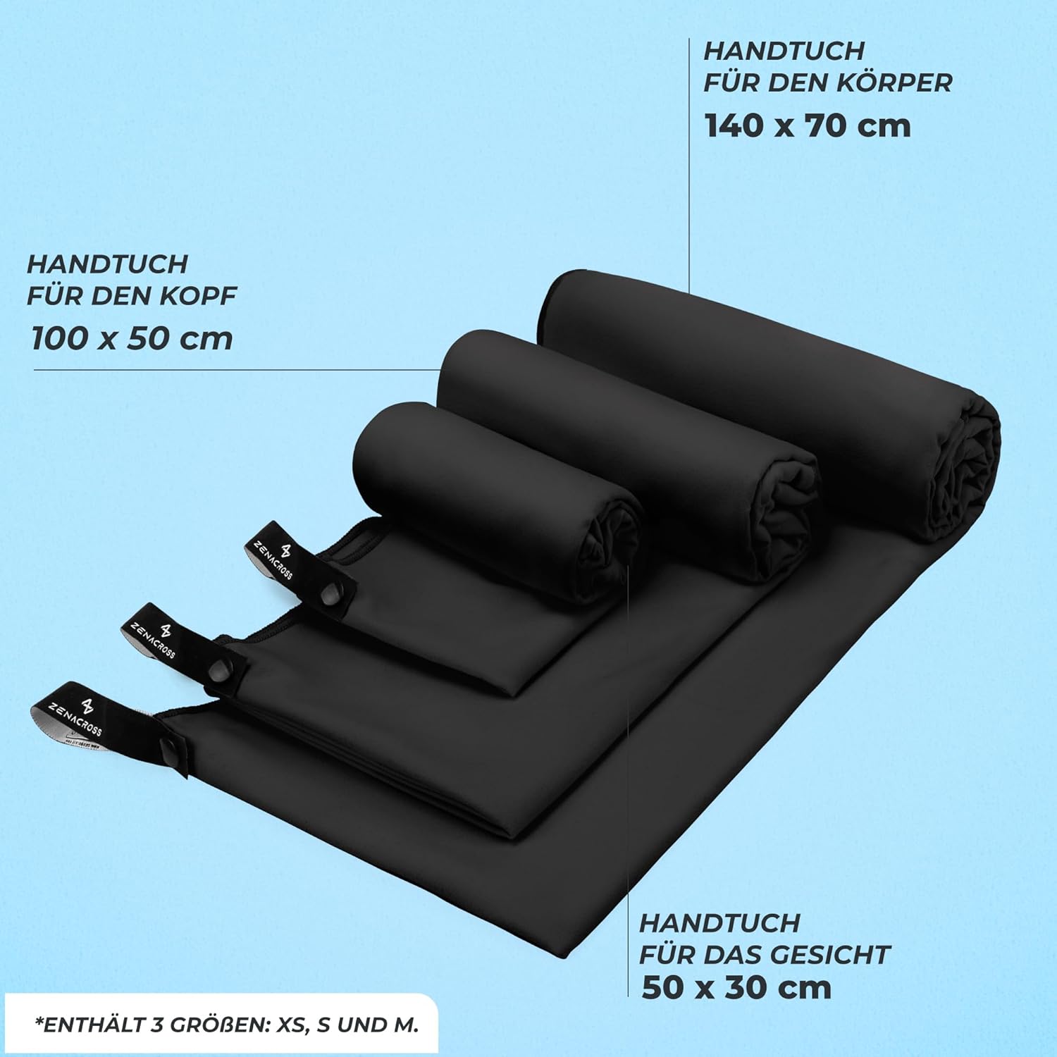 Thumbnail 4 de ZENACROSS Mikrofaser Handtuch 3er Set mit Transportbeutel – schnelltrocknend, XS–M, Schwarz