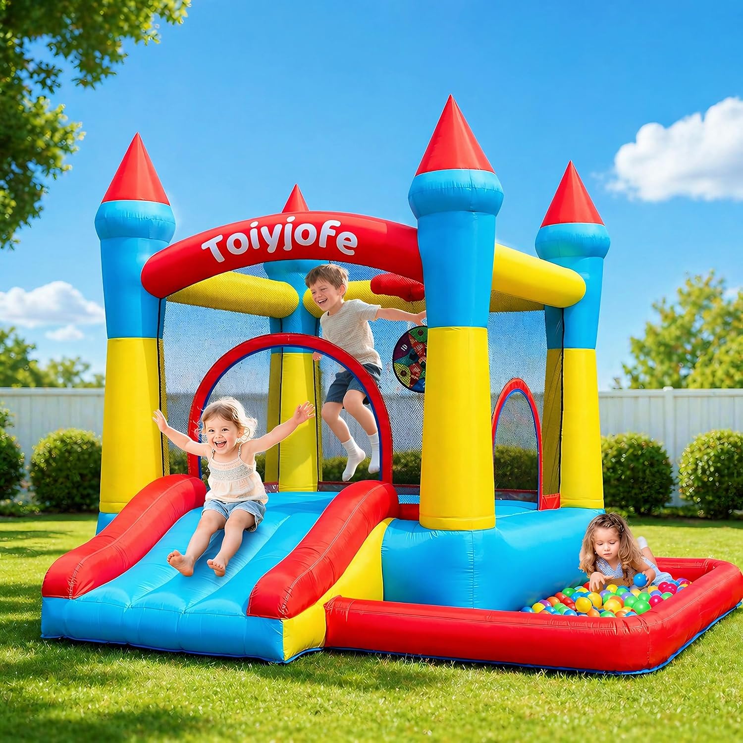 Detalle de Bounce House for Kids 3-6 with Slide & Ball Pit & Hoop — 5-in-1 Indoor/Outdoor inflatable castle (Includes 370W Blower)