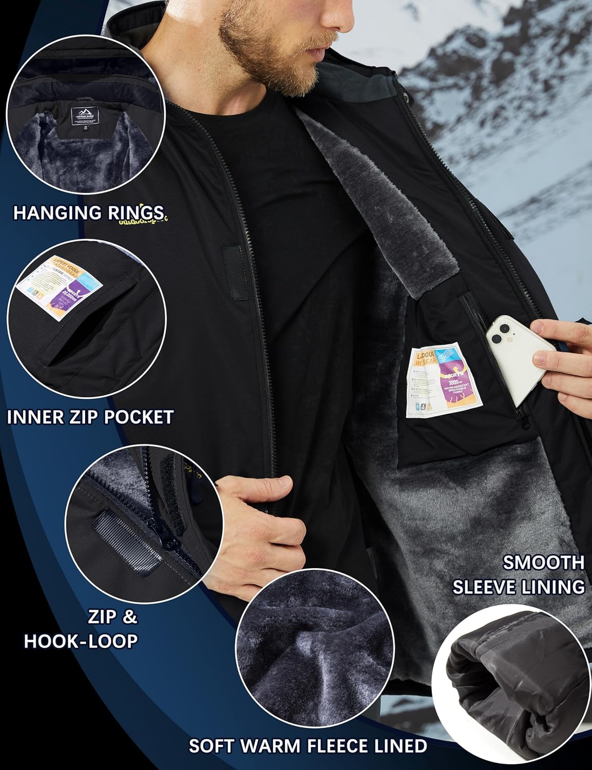Thumbnail 4 de TACVASEN Men's Waterproof Fleece Mountain Jacket – Windproof Ski jacket