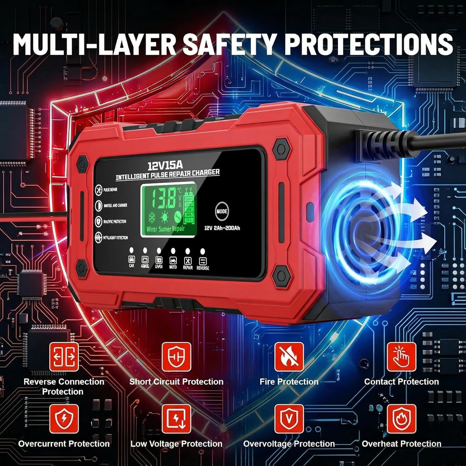 Thumbnail 5 de YDBAO Battery Charger 15A 12V – Fully Automatic Smart Trickle Charger with LCD Display and Temperature Compensation