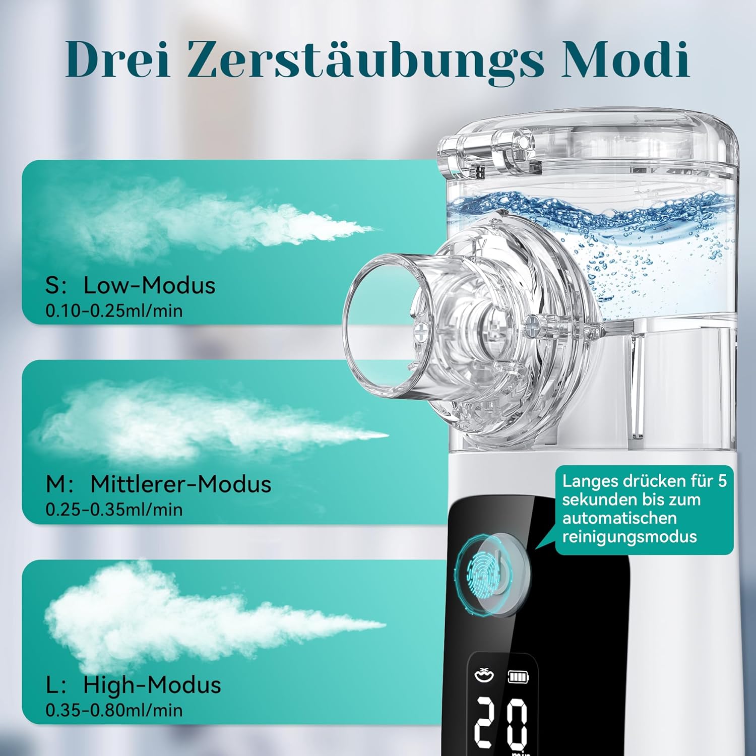 Thumbnail 4 de Inhalationsgerät für Erwachsene & Kinder mit Mesh-Technologie, Countdown-Timer, Selbstreinigung und USB-Akku (1–5 µm)