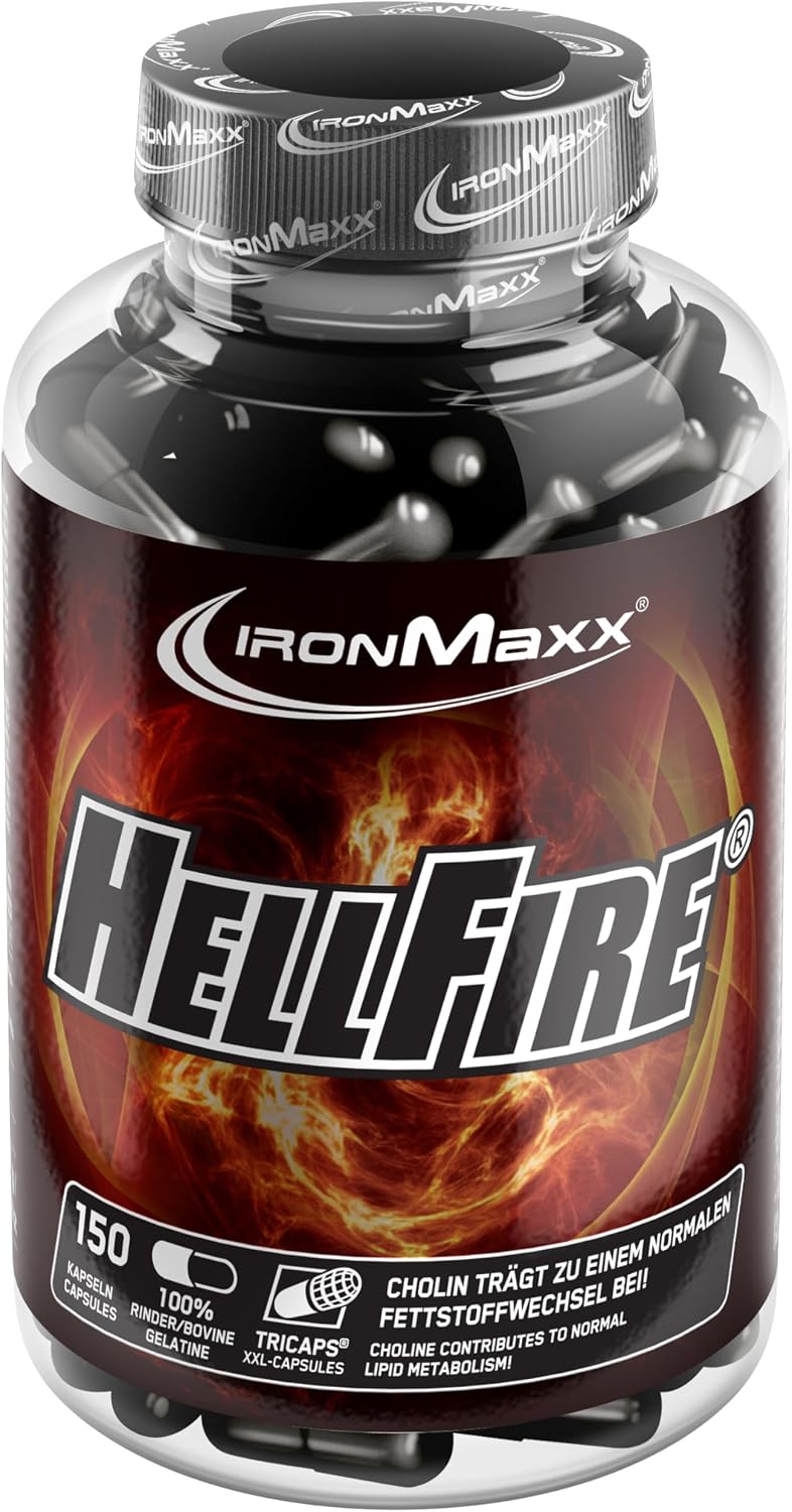 Detalle de IronMaxx Hellfire – Hochdosiertes Nahrungsergänzungsmittel mit Pflanzenextrakten, Koffein, Niacin und Cholin – 150 Kapseln