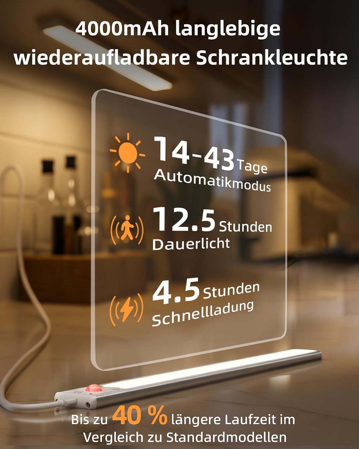 Detalle de EZVALO Schrankbeleuchtung LED 37 cm (2er-Set) mit Bewegungsmelder, 134 LED, 4200mAh, kabellos, 6500K–3000K, dimmbar