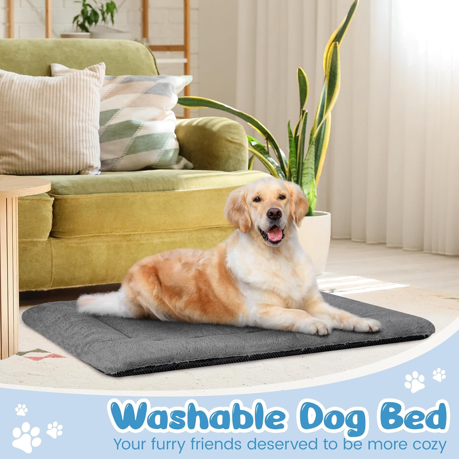 Detalle de Baodan Large Washable Plush Dog Bed – 122x75 cm, Dark Grey