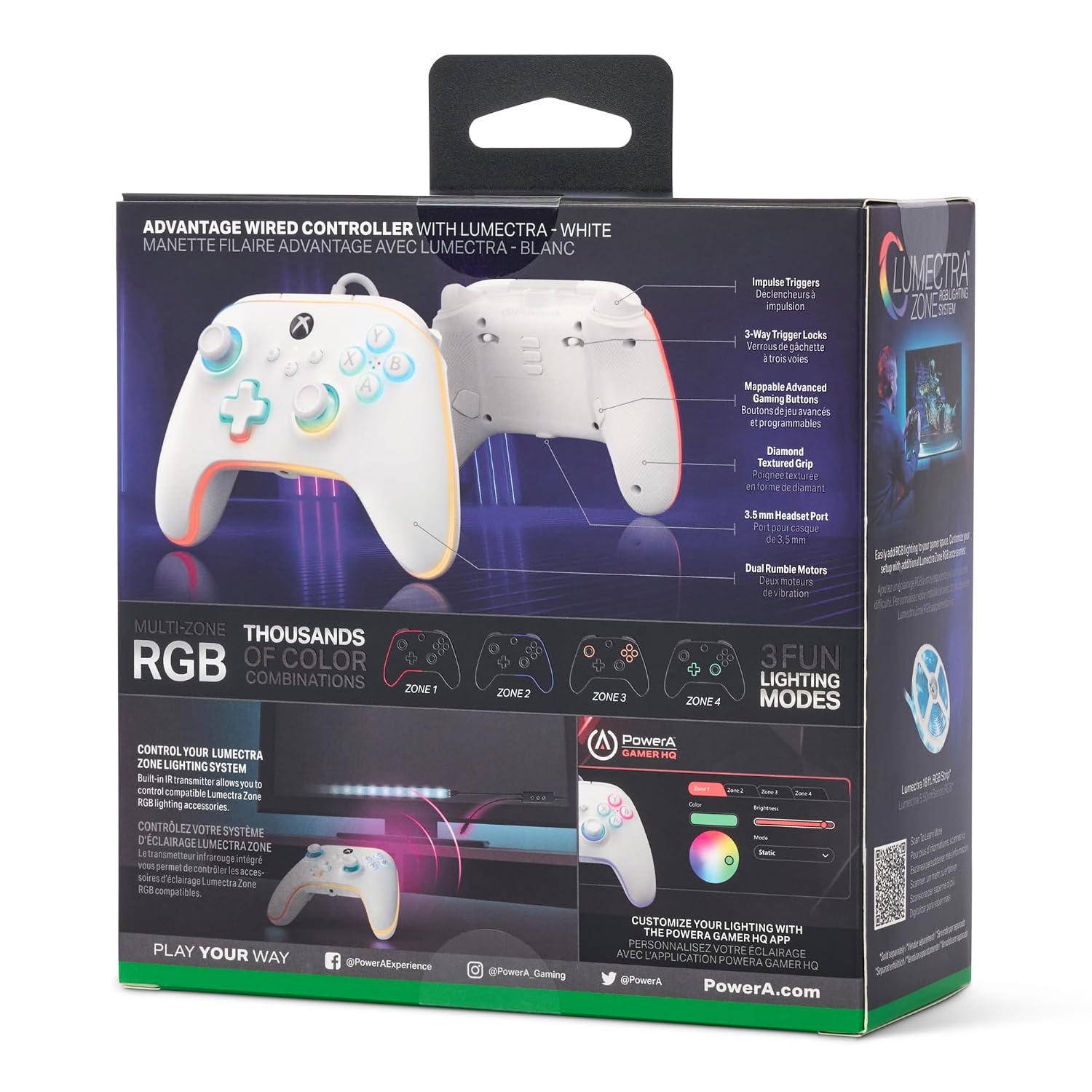Detalle de PowerA kabelgebundener Advantage-Controller für Xbox Series X|S (Lumectra, weiß) mit Multizonen-RGB und 3-Wege-Trigger-Locks