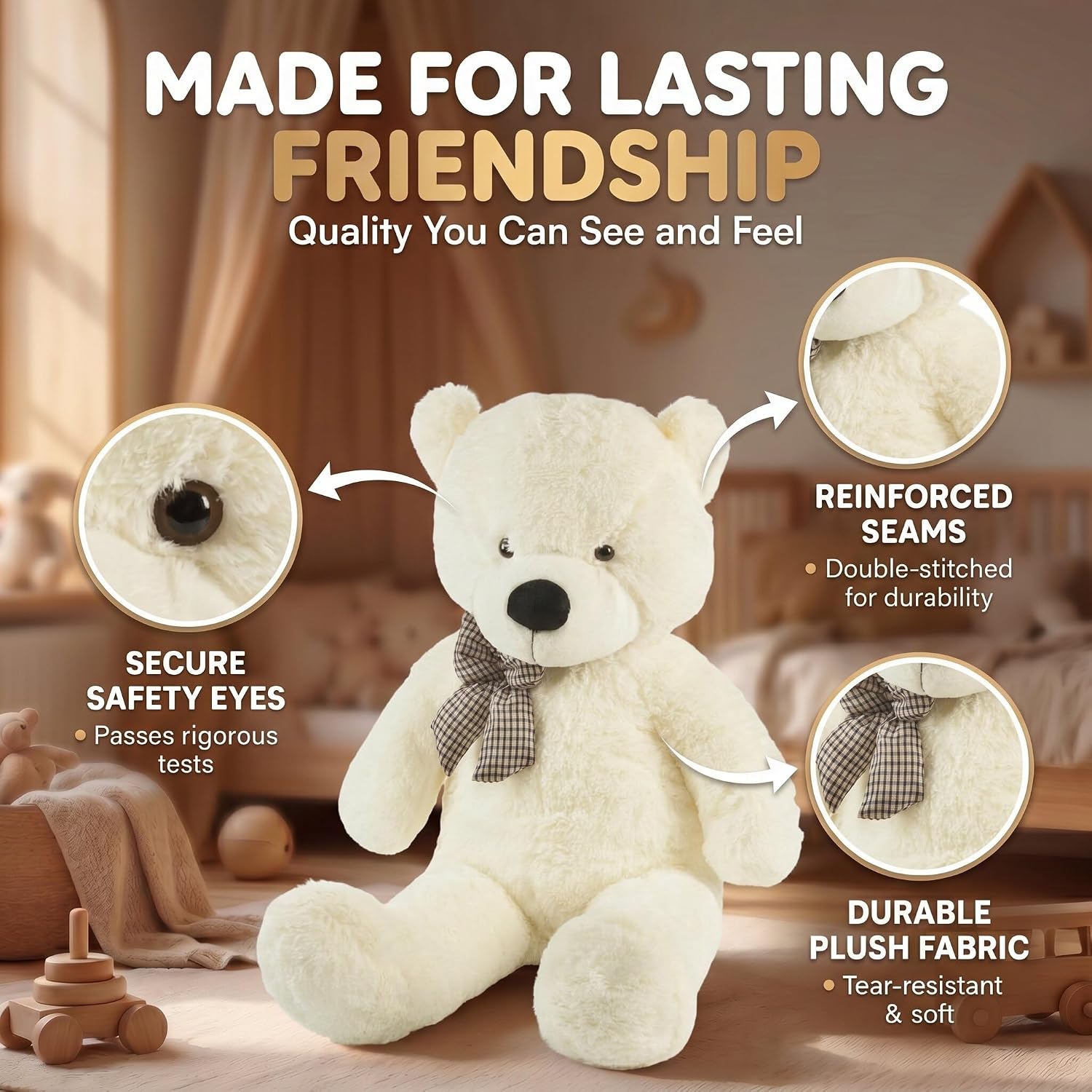 Thumbnail 2 de Feluna Giant Teddy Bear XXL 120 cm, white plush bear with tartan bow