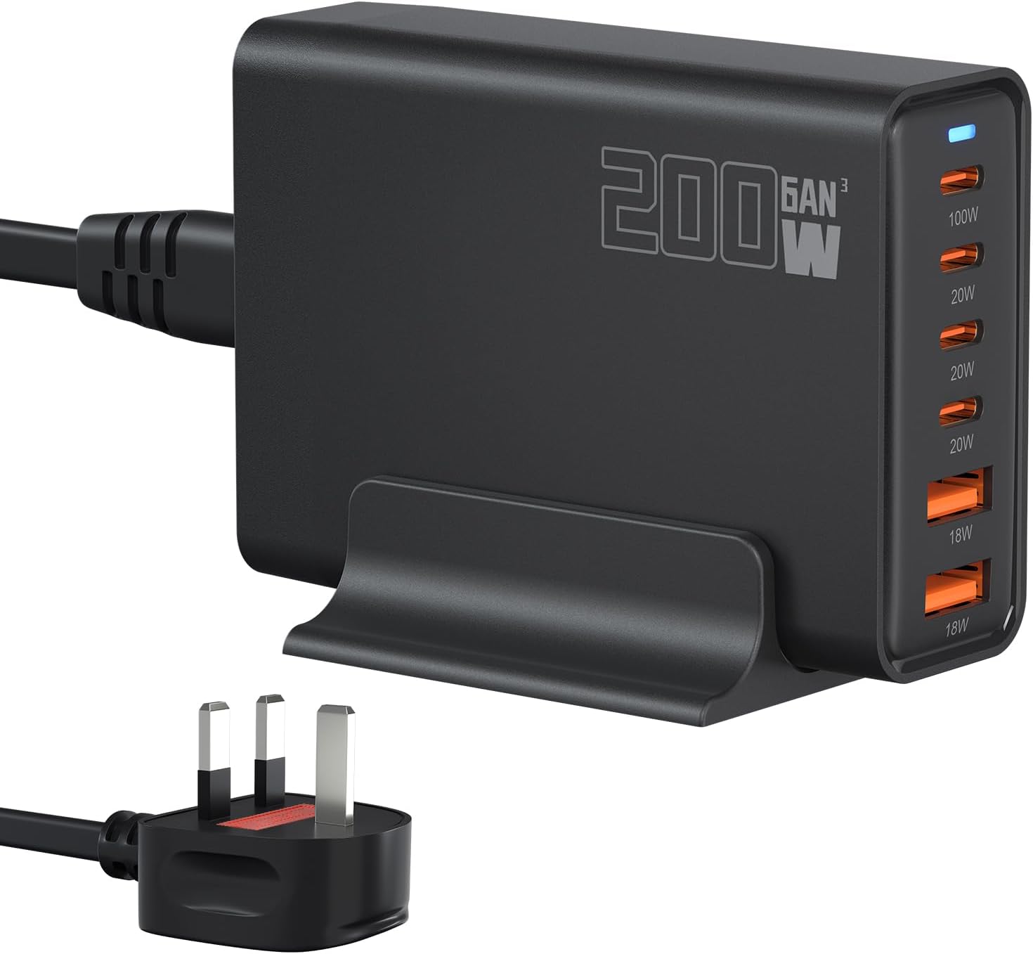 Detalle de 200W 6‑Port USB Charging Station with 100W PD charger 🔌
