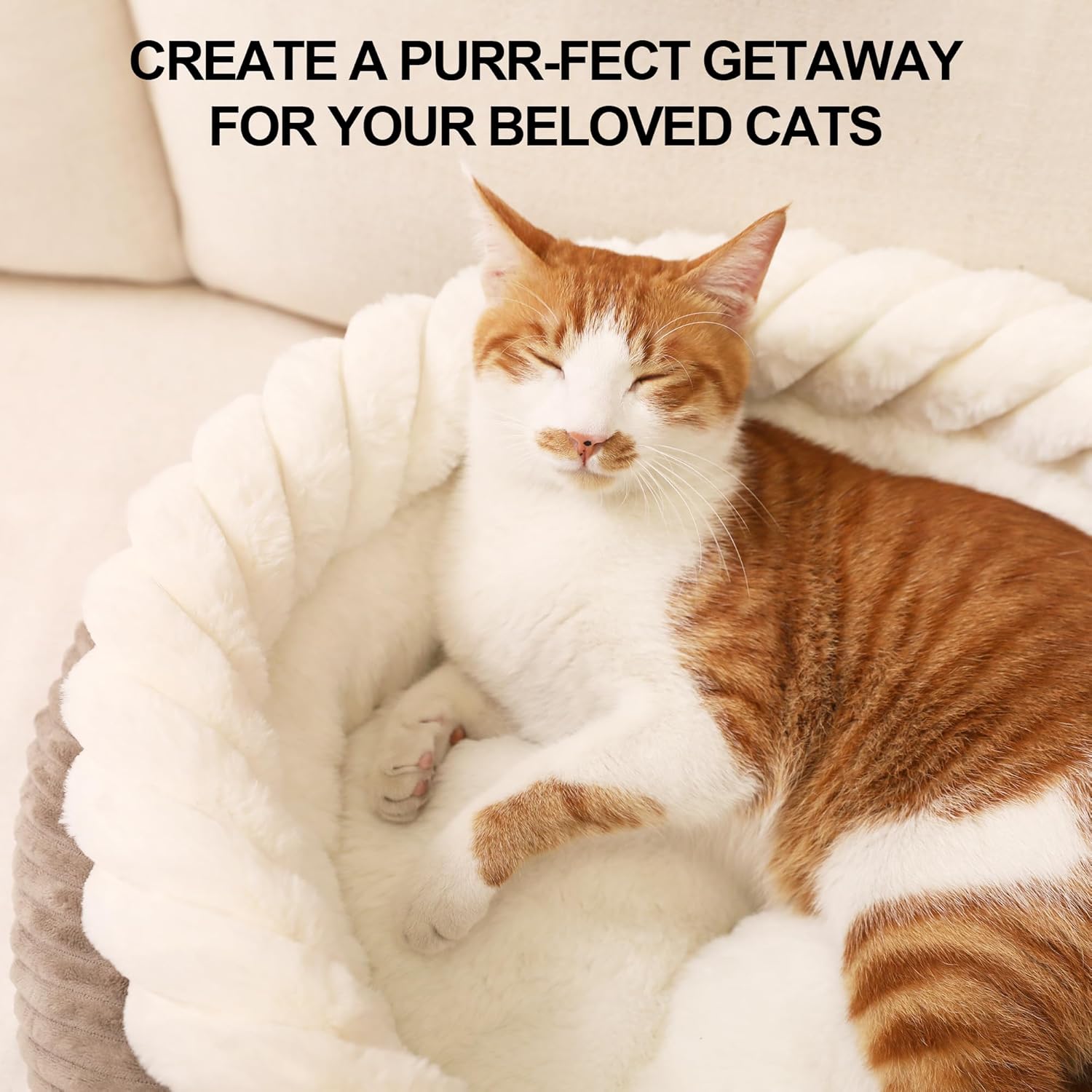 Detalle de FUKUMARU 53 cm Round Donut Cat Bed in Camel — Soft, Washable, Orthopaedic Support