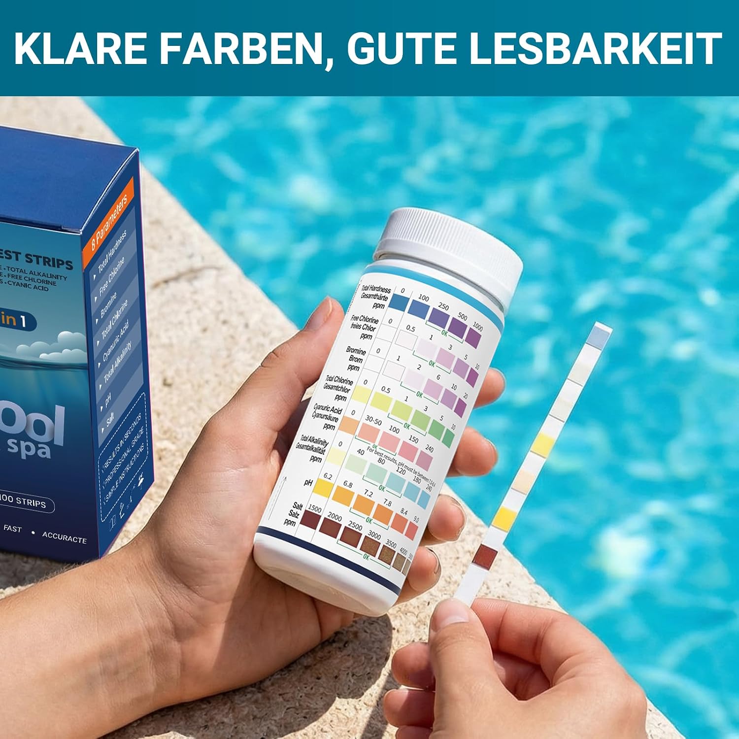 Thumbnail 4 de AKSBTEC 8-in-1 Pool-Teststreifen – Salzgehalt, pH, Chlor & mehr (100 Stück)