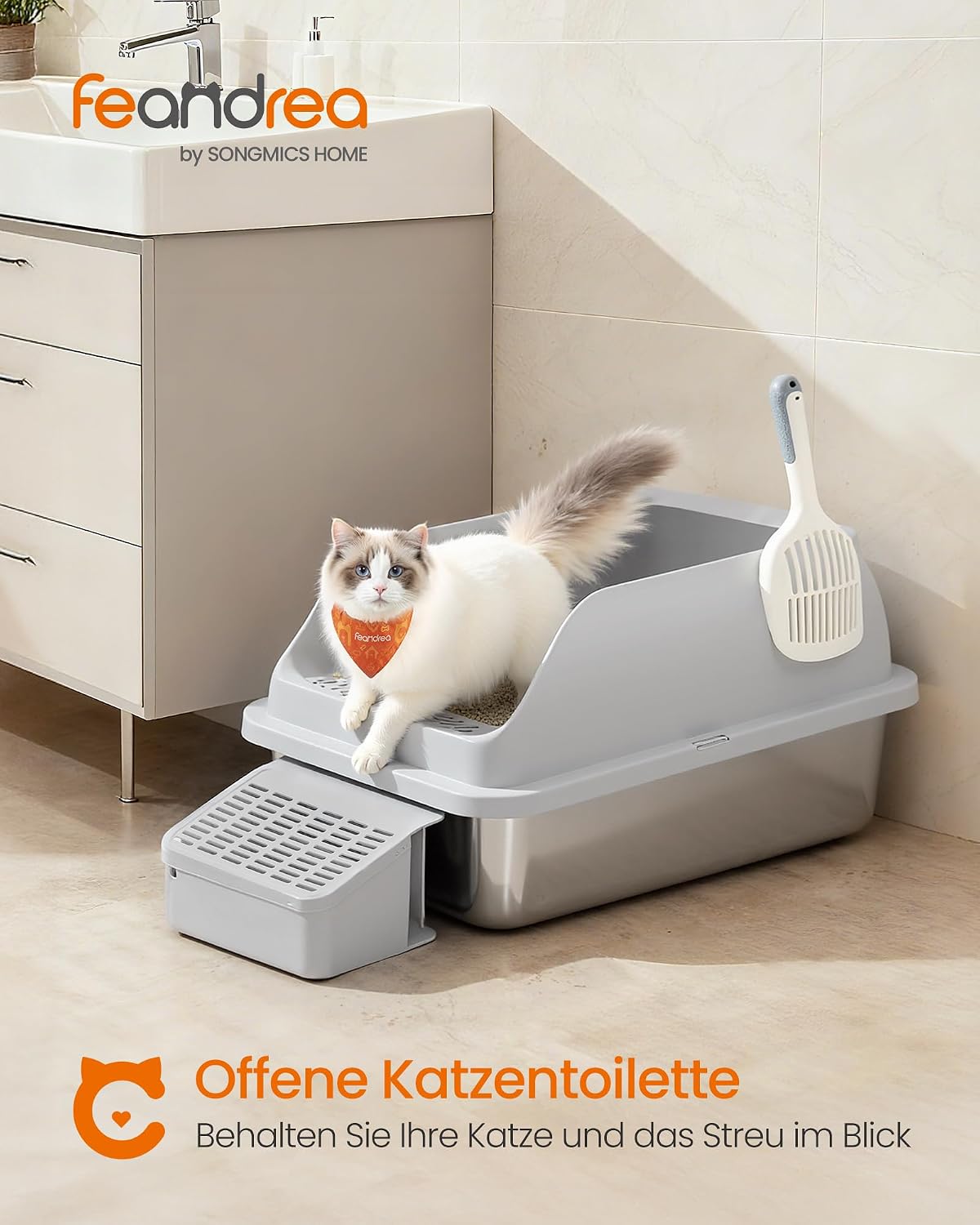 Detalle 2 de Feandrea Katzenklo aus Edelstahl mit hohen Seitenwänden, Trittstufe & Zubehör – für Katzen bis 15 kg, schiefergrau