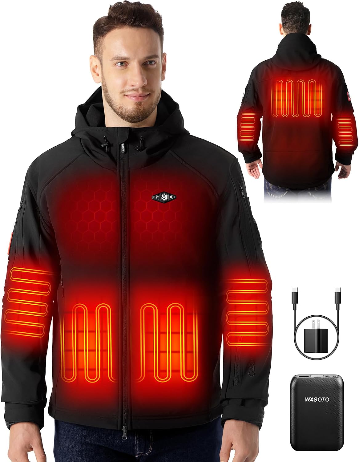 Detalle de WASOTO Men's Heated Jacket with 18,400mAh Battery Pack, Windproof Design and Foldable Hood