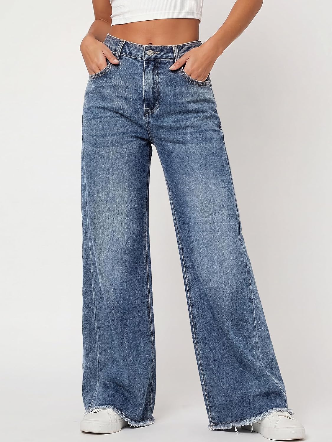 Detalle 2 de Trendy Queen Women’s Wide Leg Jeans with Relaxed Loose Straight Fit & Raw Hem