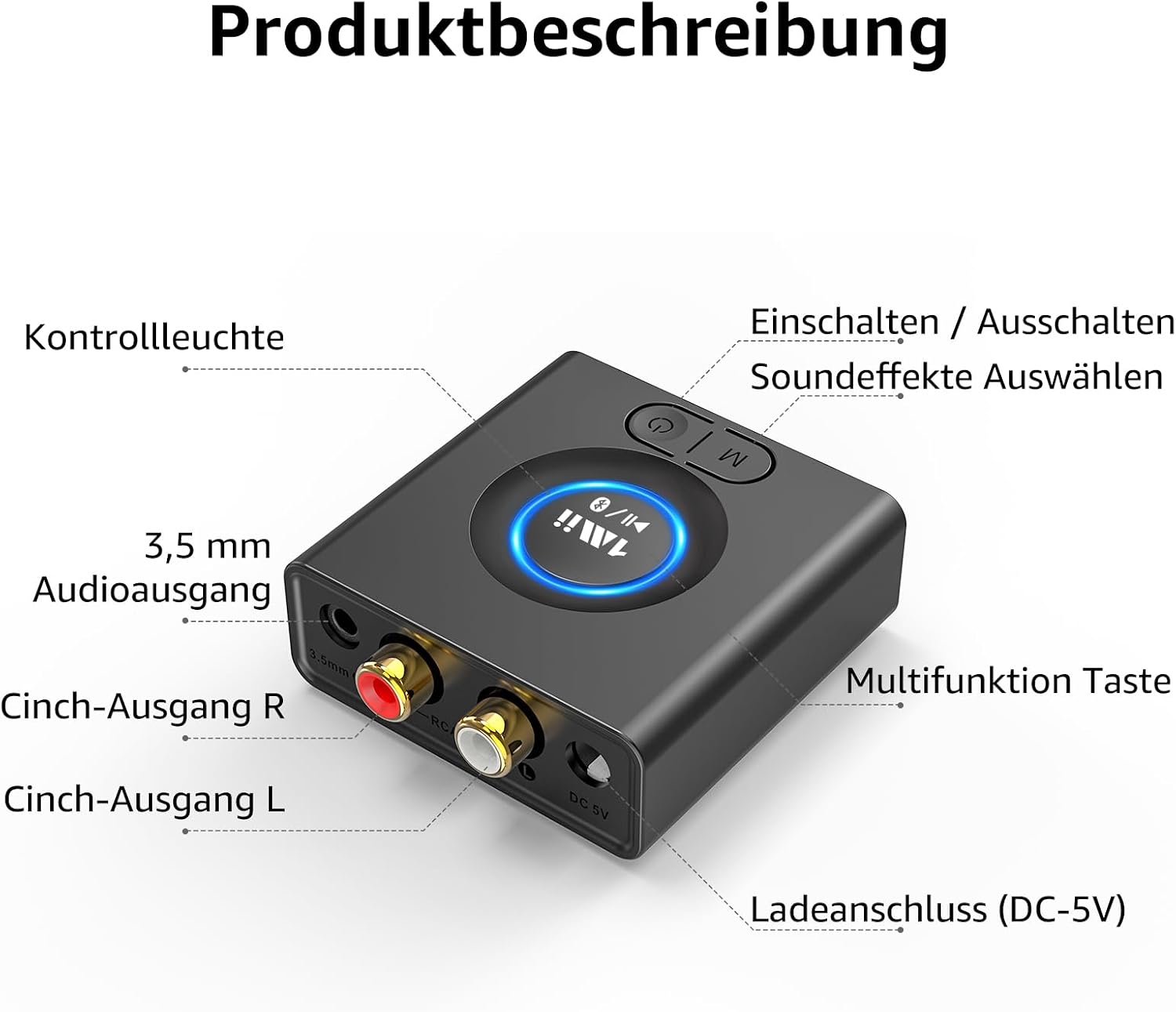 Detalle de 1Mii ML200 Bluetooth-Empfänger für Stereoanlage – Kabelloser Audio-Adapter mit Bass-Boost, 3,5 mm & Cinch, 12 Std. Akku