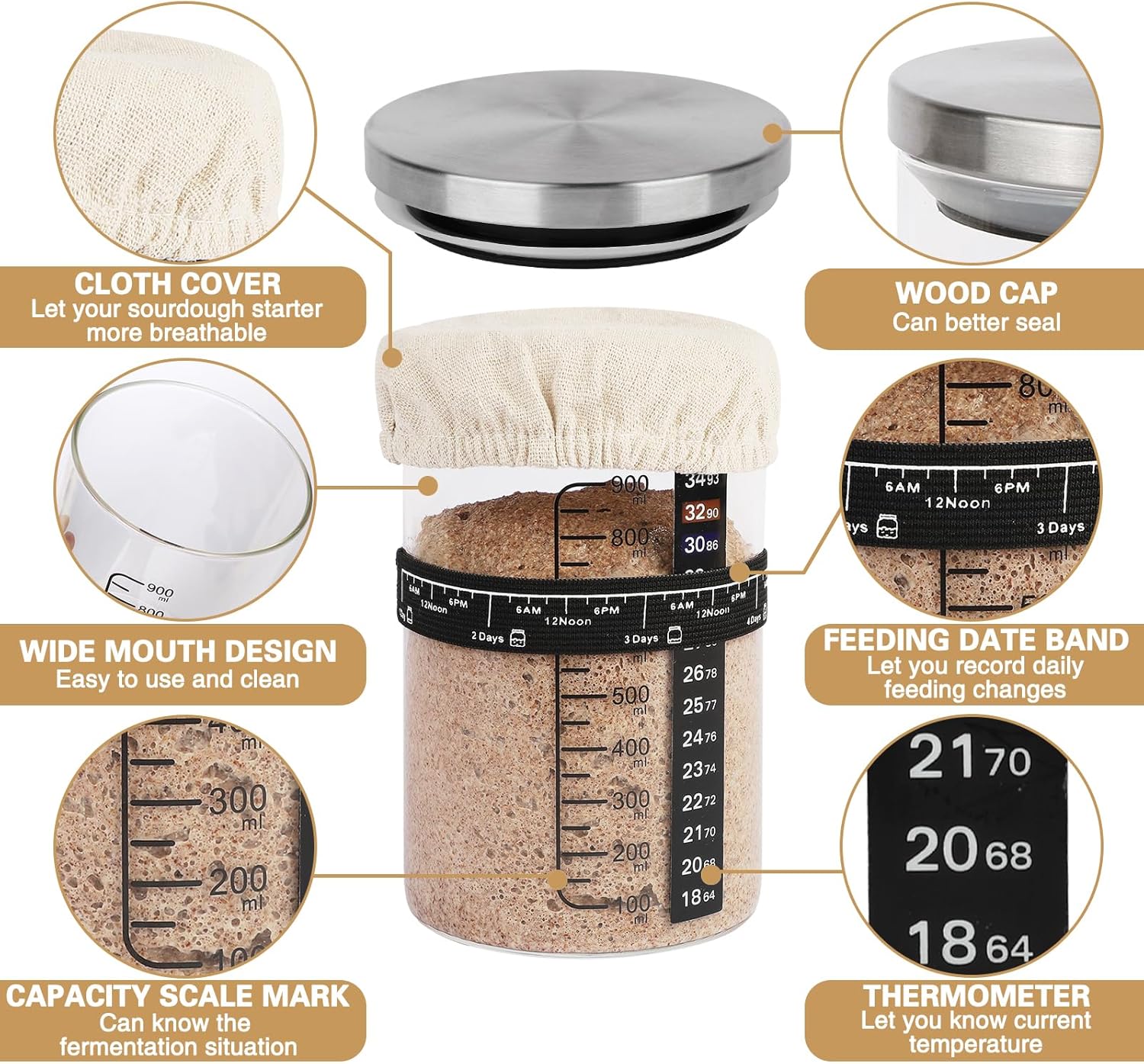 Detalle de SSYR&P Sauerteig-Starter set mit Gärglas (650 ml), Thermometer und Abdeckung – Brot- und Pizzateig-Startset