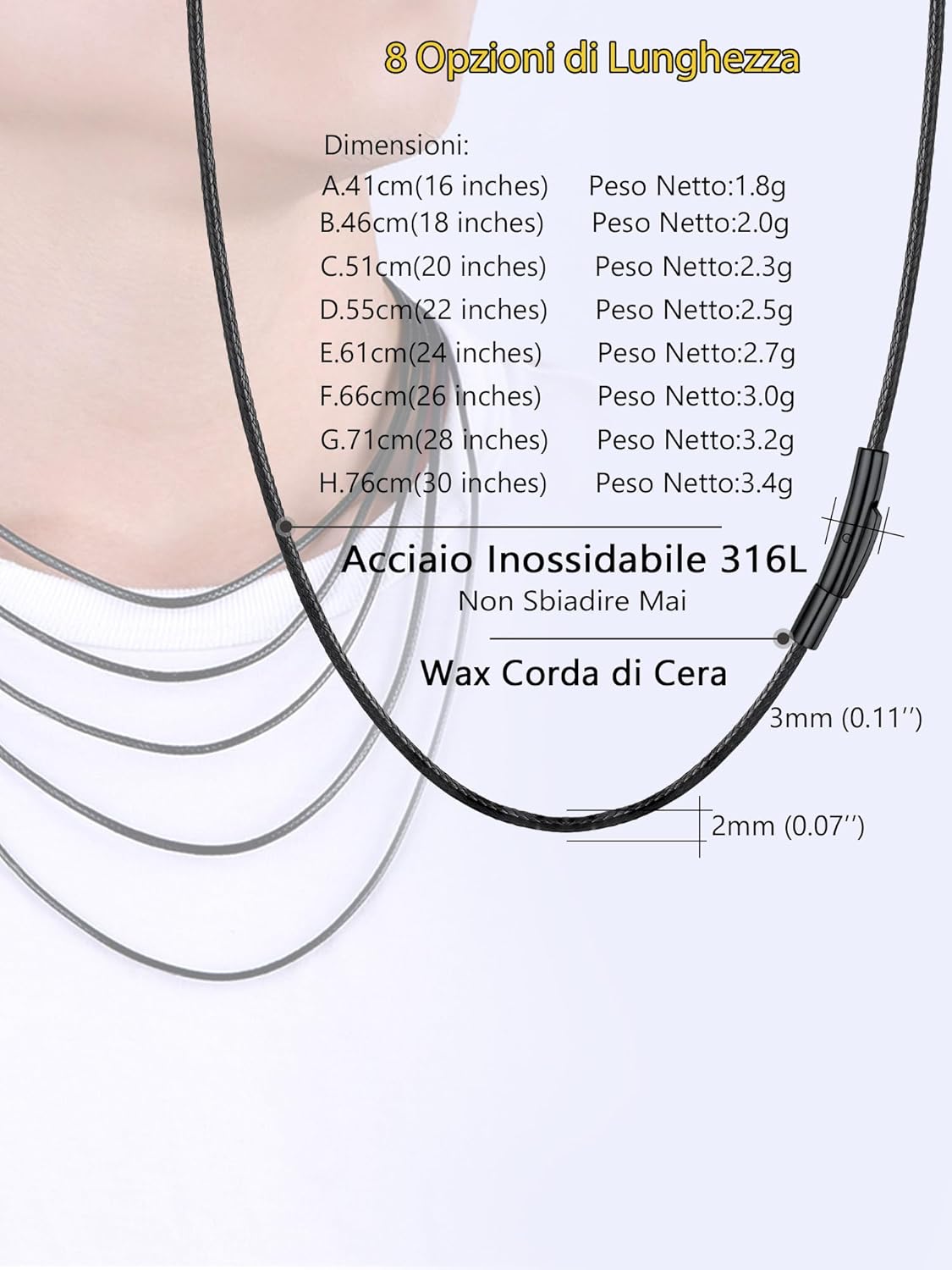 Thumbnail 6 de PROSTEEL collana unisex con cordino nero in pelle rivestita in cera e chiusura in acciaio inox