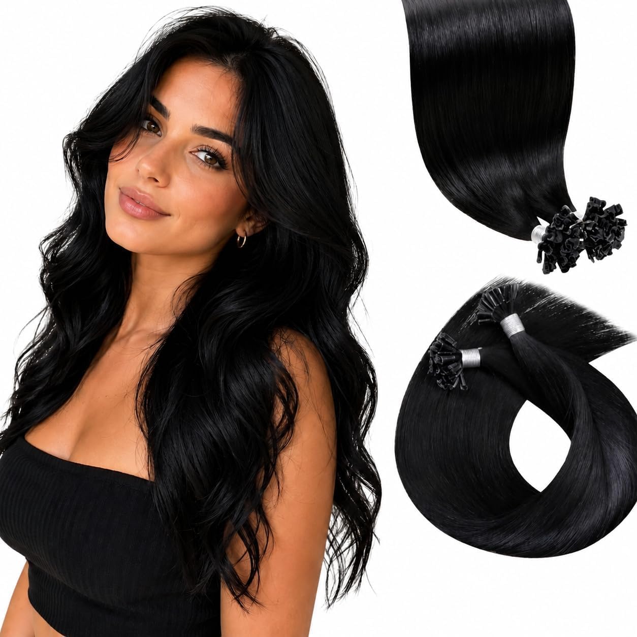 LaaVoo Extension Capelli Veri in Cheratina Nero Jet 45 cm (50 g, 50 ciocche) – Tip a U pre-bonded