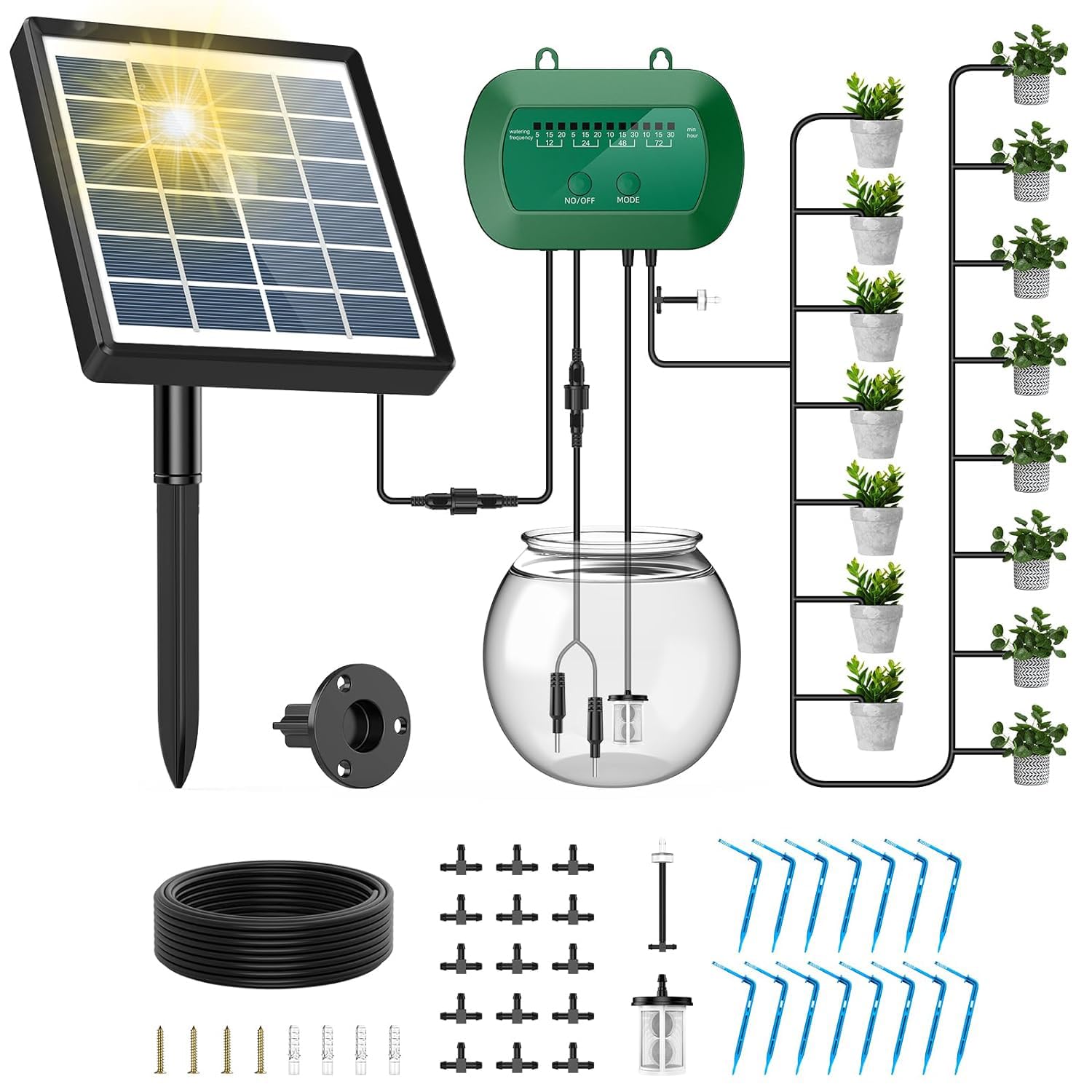 Detalle de UKSUNVI: Sistema di irrigazione a goccia solare per giardino e serre (12 timer, 15 piante)