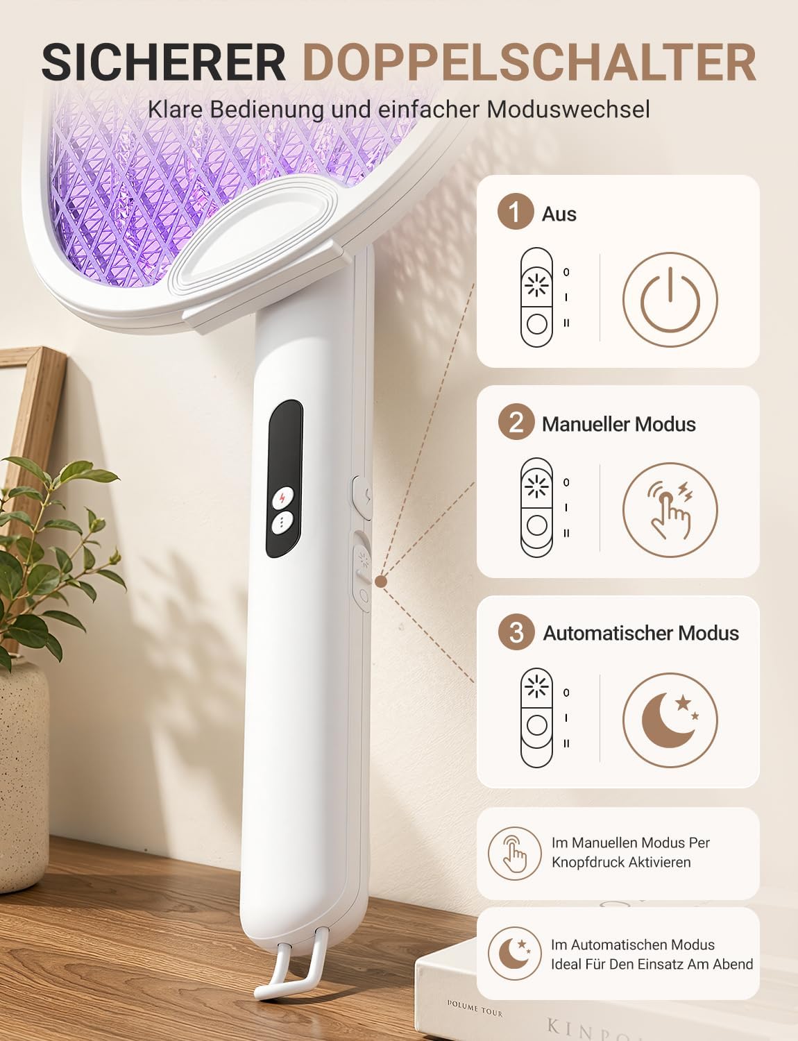Detalle de ZOVHYYA Elektrische Fliegenklatsche 4000 V – USB-C Akku, Weiß (1800 mAh)