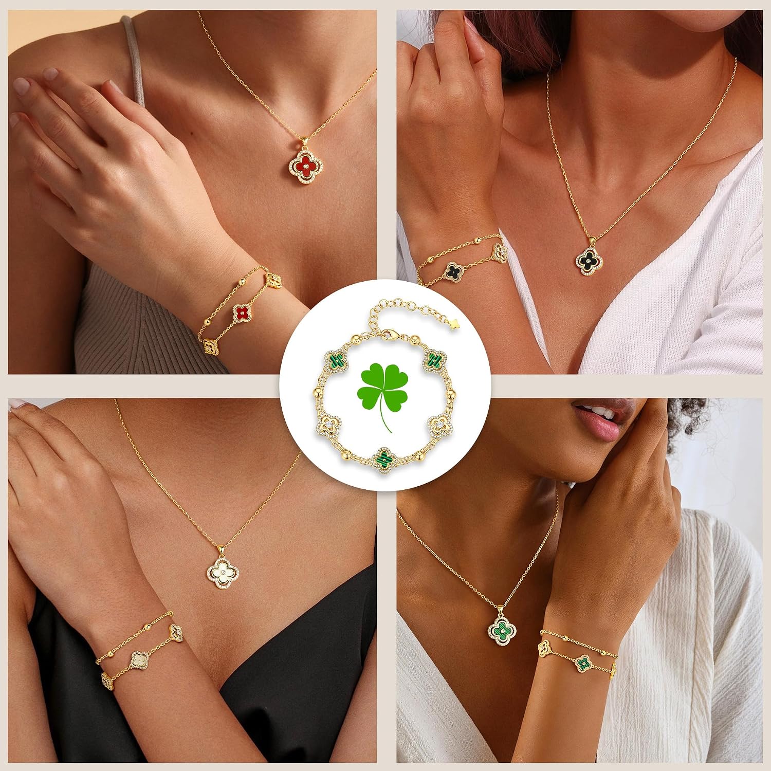 Detalle de Turandoss Armband Damen Gold, 14K Vergoldet – vierblättriges Kleeblatt mit Zirkonia, verstellbar