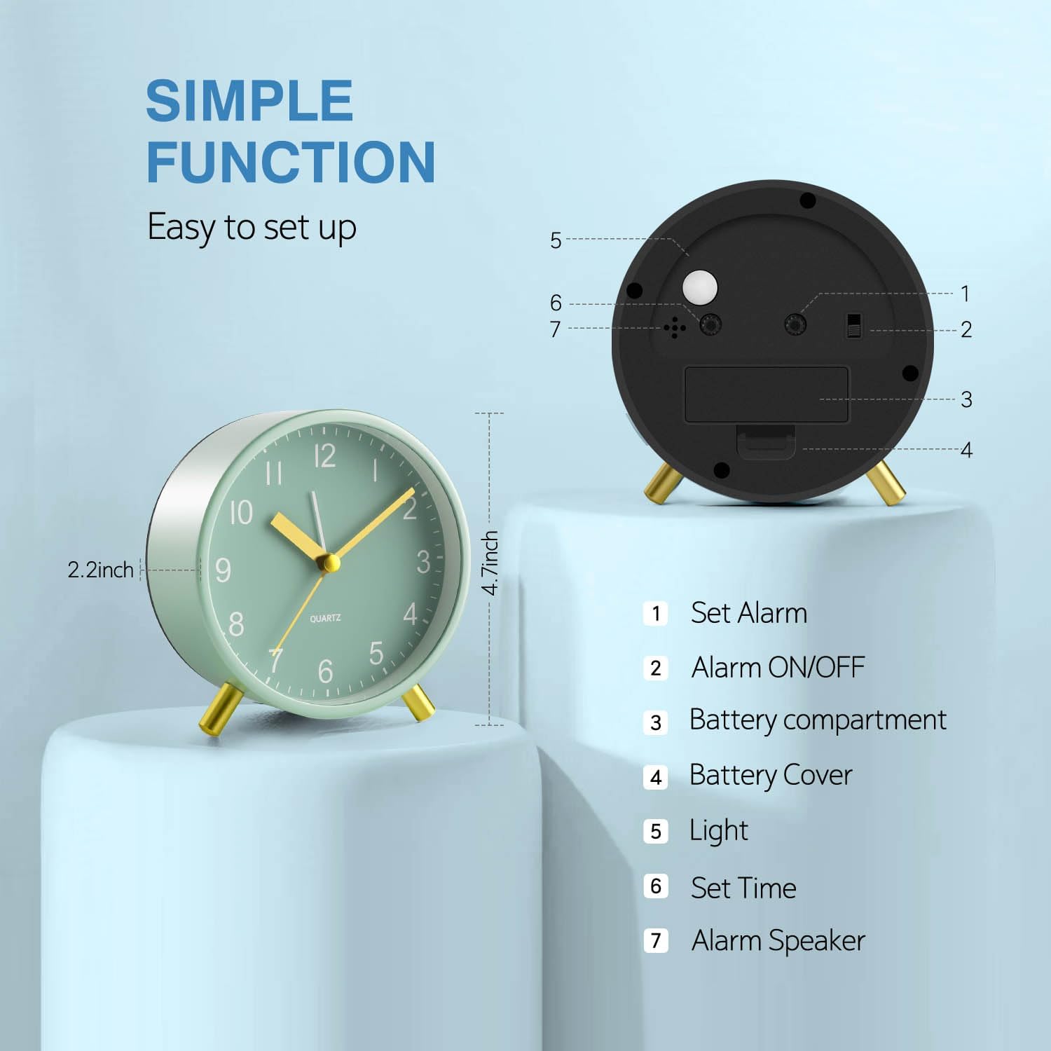 Detalle de Jisile Silent Non-Ticking Battery Alarm Clock with Night Light (Sage Green)