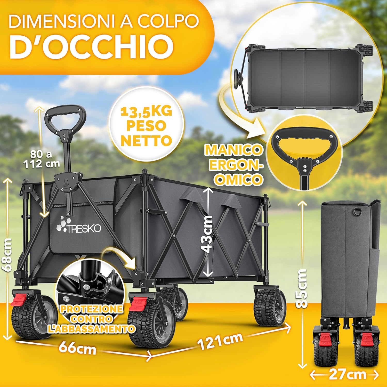 Detalle 2 de TRESKO Carrello pieghevole XXL 215 L con freno e pneumatici pieni – versatilità per spiaggia, campeggio e giardino