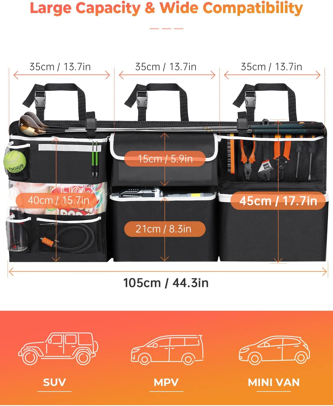 Thumbnail 3 de Oasser Car Boot Organiser (E6A) with 8 functional back seat storage bags