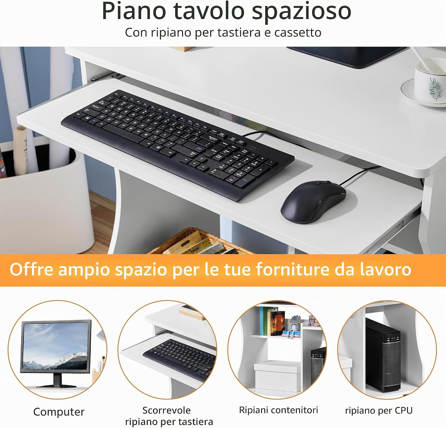 Thumbnail 3 de Yaheetech scrivania compatta mobile per PC con tastiera estraibile, 4 ruote e supporto CPU