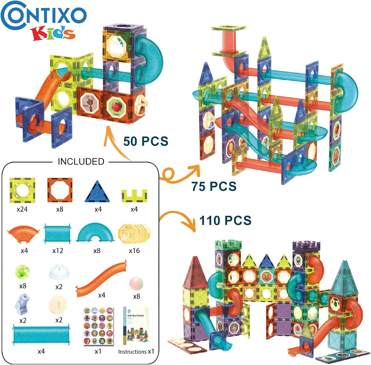 Detalle de Contixo STEM Building Toys - 110 Pcs Marble 3D Magnetic Run Tiles Set